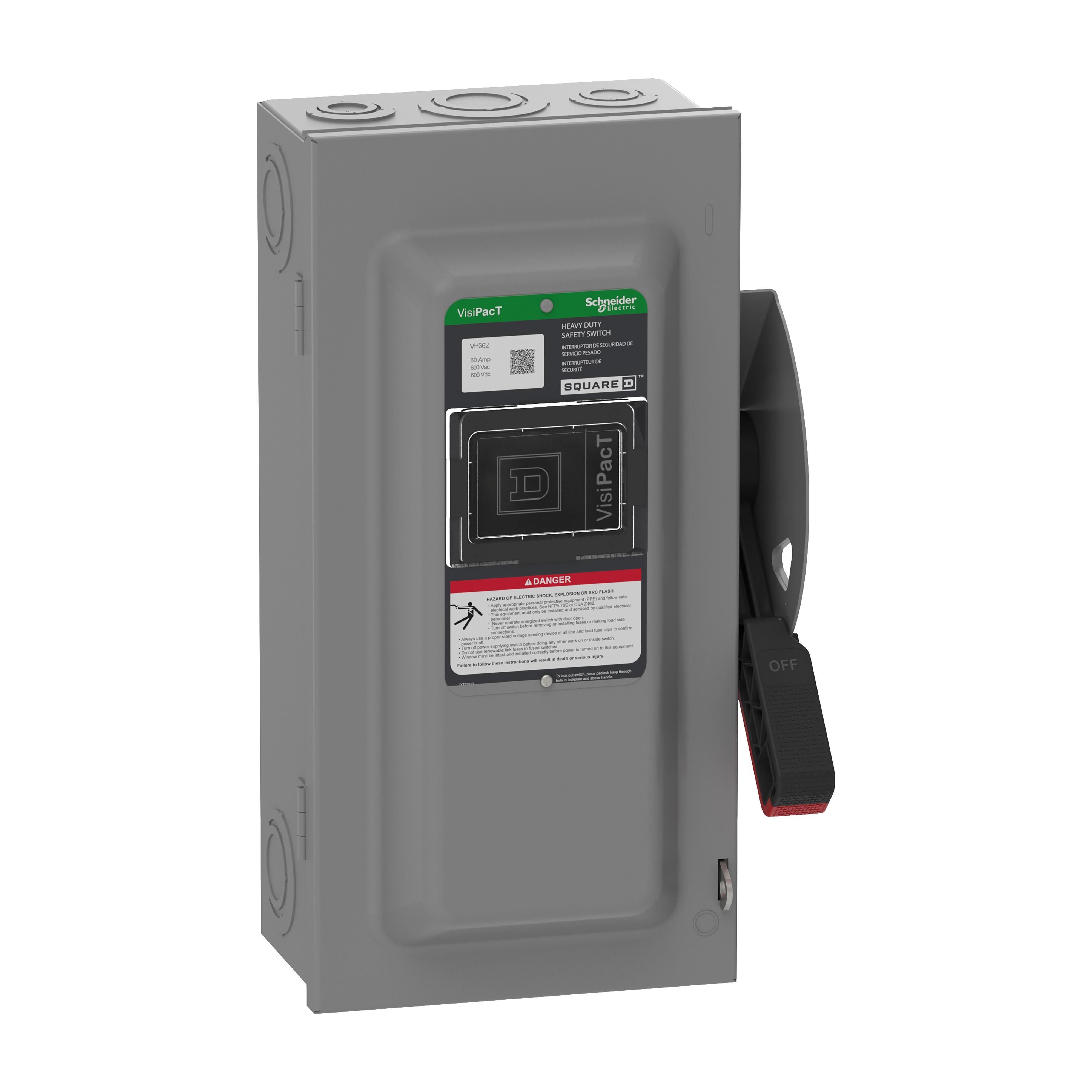 Square D™ VH362 Heavy Duty Fusible Disconnect Safety Switch, 600 V AC/600 V DC, 60 A, 15, 30, 50 hp, 3PST Contact, 3 Poles