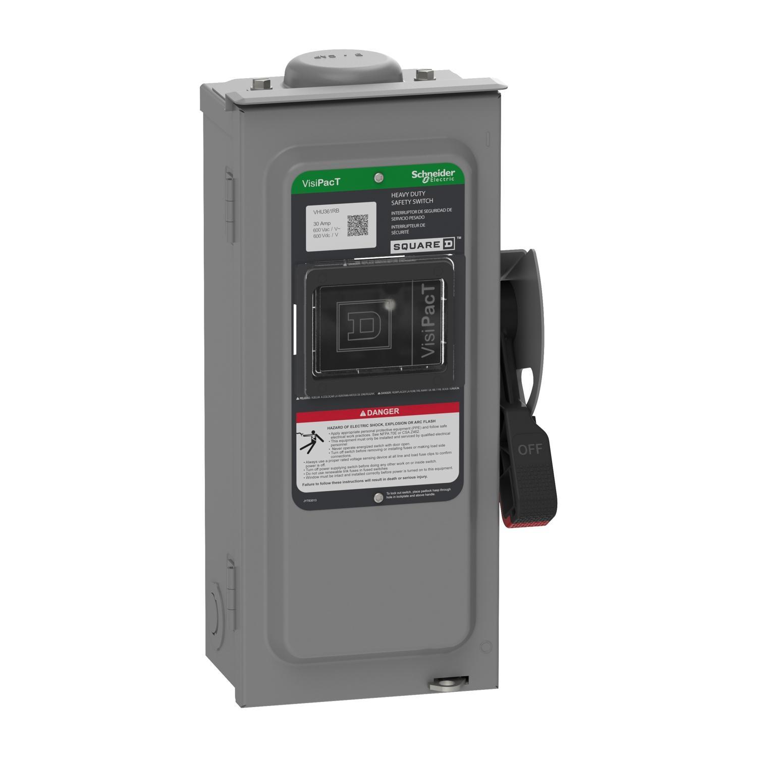 Square D™ VHU361RB Heavy Duty Non-Fusible Disconnect Safety Switch, 600 V AC/600 V DC, 30 A, 5, 7.5, 10, 15, 20, 30 hp, 3PST Contact, 3 Poles