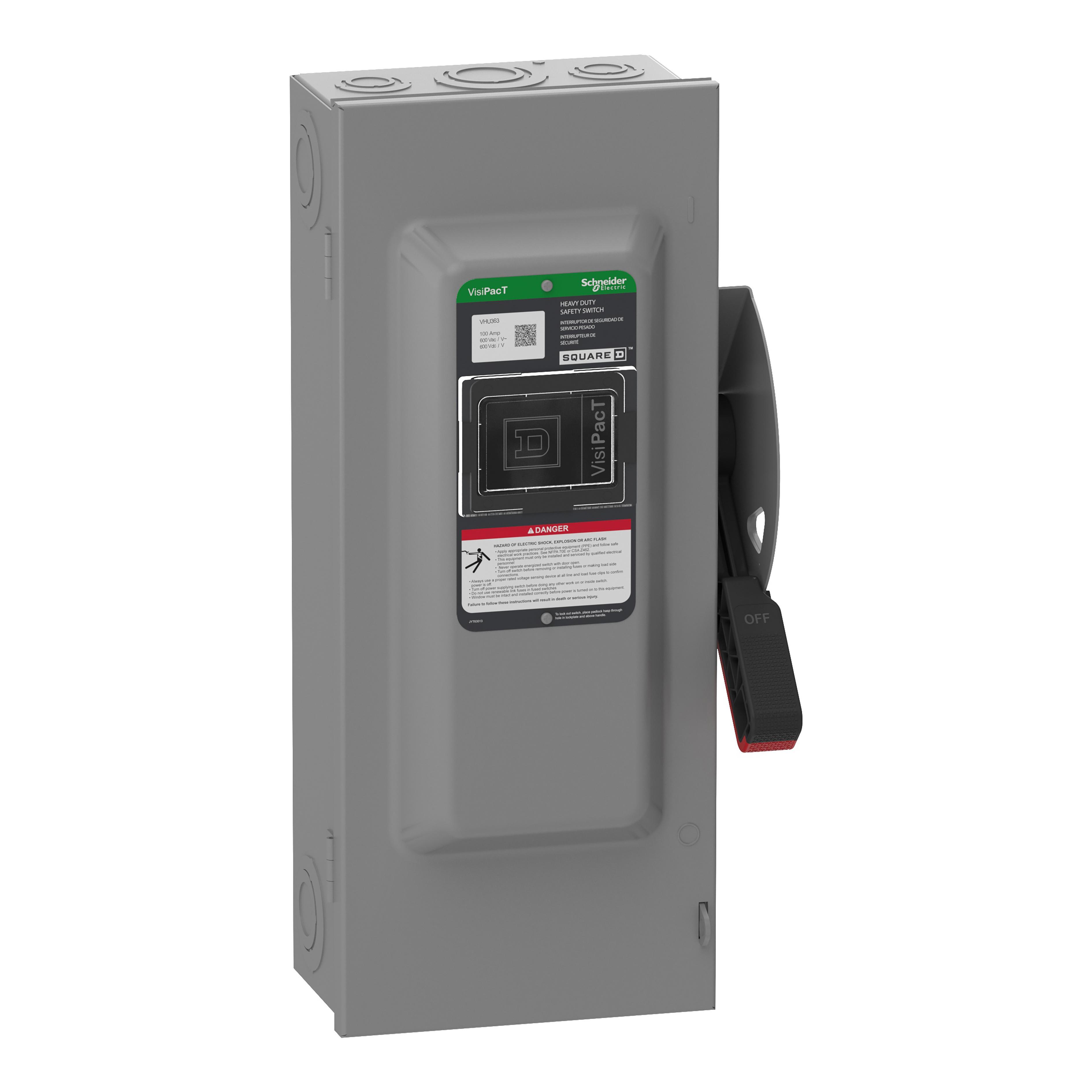 Square D™ VHU363 Heavy Duty Non-Fusible Disconnect Safety Switch, 600 V AC/600 V DC, 100 A, 20, 40, 50, 75,100 hp, 3PST Contact, 3 Poles