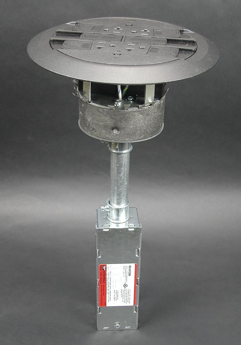 Wiremold® RC4ATCBK Multi-Service Non-Metallic Poke-Through Assembled Unit, 4 in Hole, 2 Gangs, 8-1/4 in Cover, 24.5 cu-in, Steel