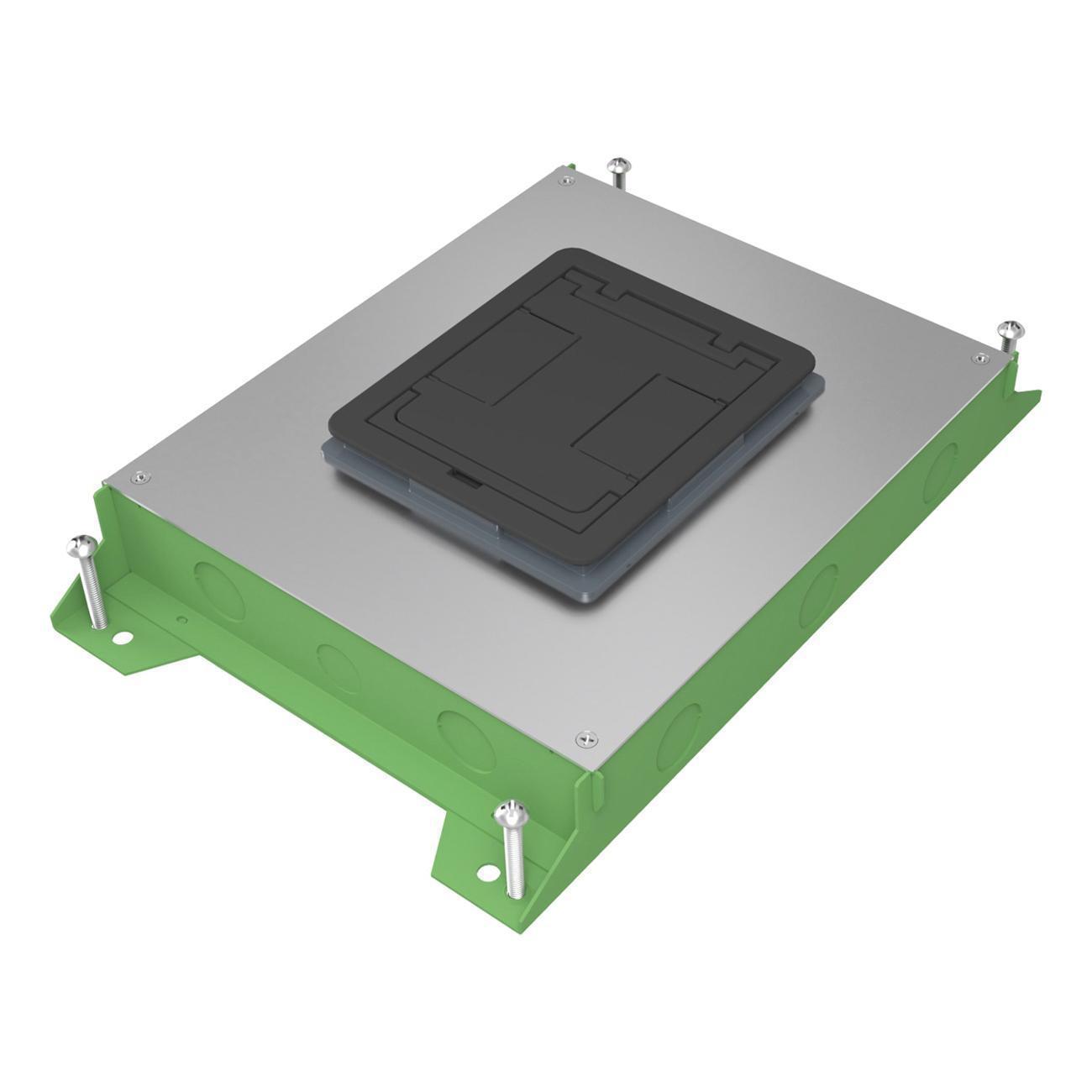 Wiremold® RFBA4R25OG Resource RFBA Series Shallow On Grade Floor Box With Rectangular Activations, Steel, 4 Gangs, 20 Knockouts, 17-3/4 in L x 11-15/16 in W x 3 in H