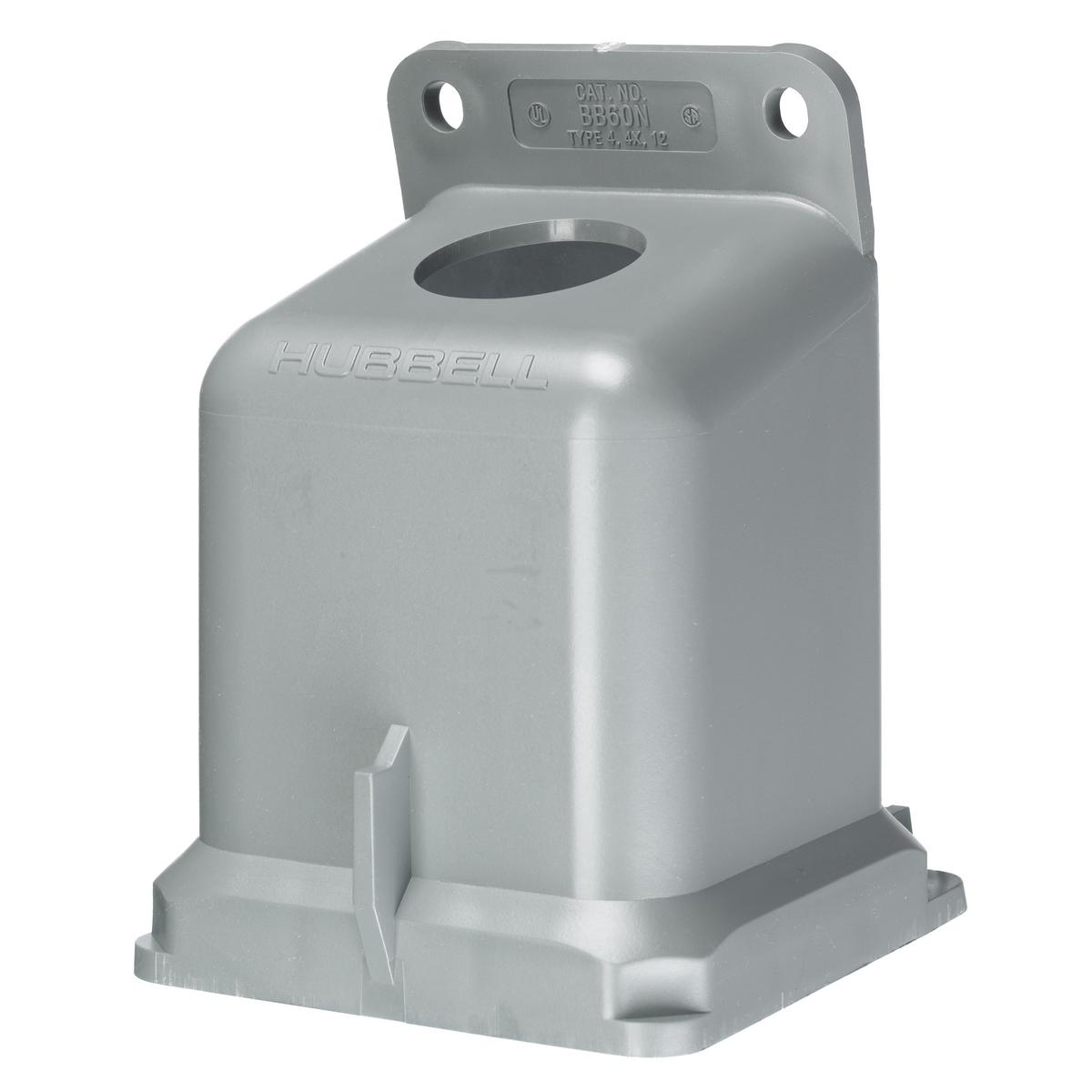 Hubbell Wiring Device-Kellems BB60N 1-Outlet, 15 deg Angled Watertight Molded Back Box, 7.76 in H 4.56 in W 4.72 in D, For Use With 60, 63 and 100 A Pin and Sleeve Device, Thermoplastic