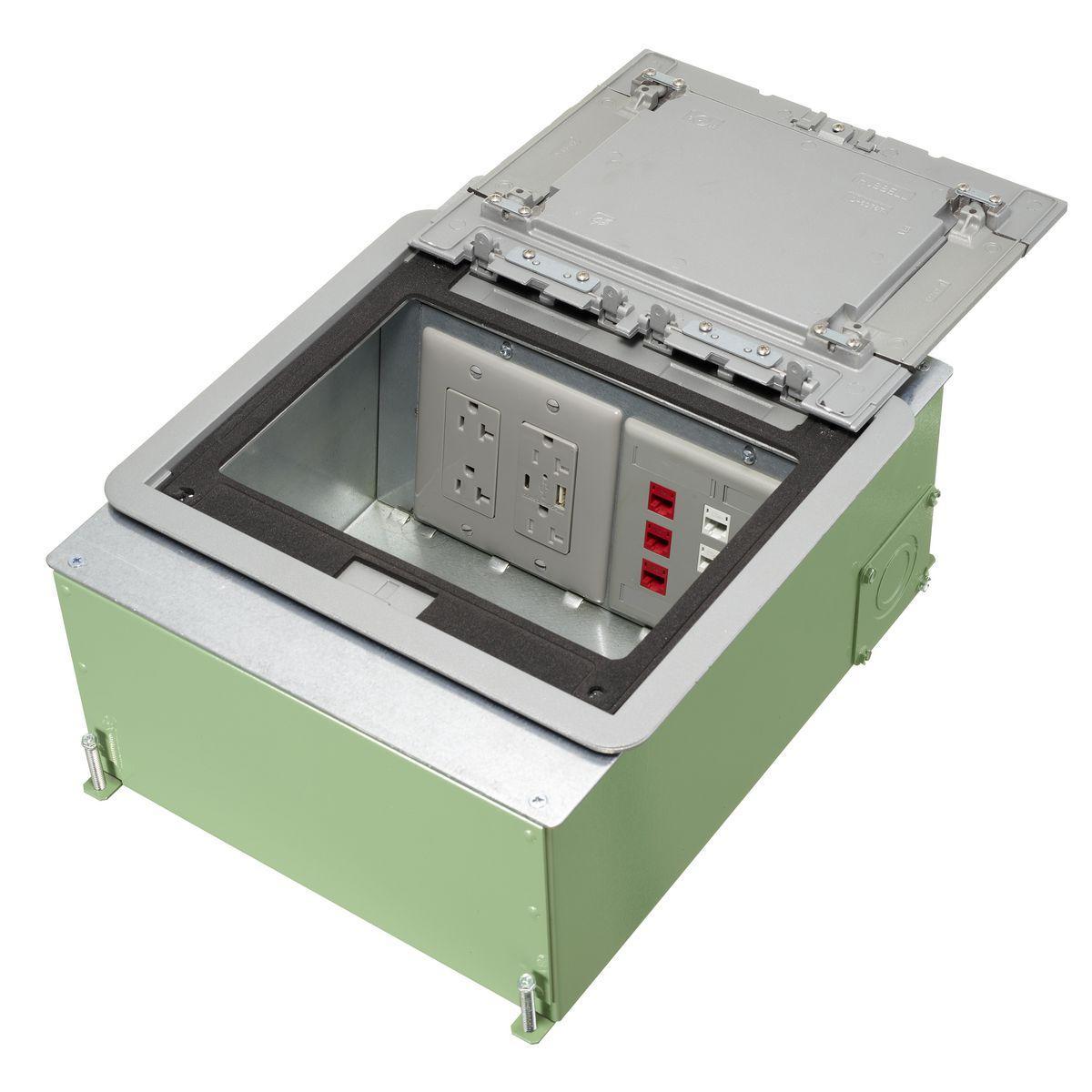 Hubbell Wiring Device-Kellems CFB45G55CRE SystemOne ETERNAL™ Recessed Floor Box, Stamped Steel, 99, 105 cu-in Capacity, 4/5 Gangs, (14) Knockouts, 5.59 in H x 11.09 in W x 14.14 in L