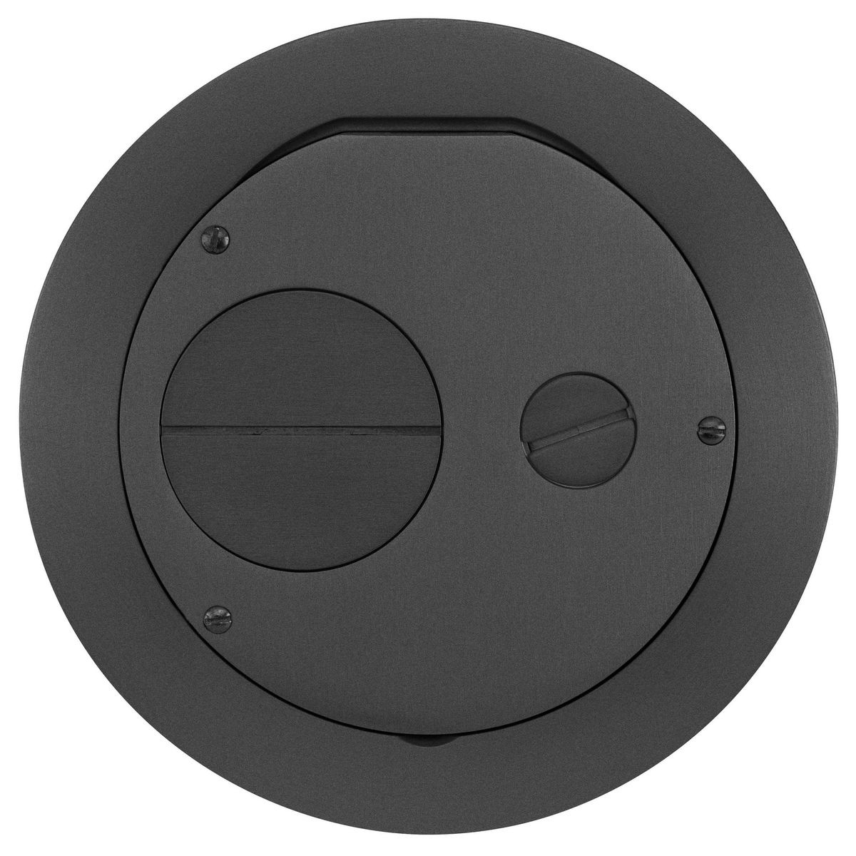 Hubbell Wiring Device-Kellems SystemOne CFBS1R6FFCVRBLK CFB2G Furniture Feed Recessed Standard Floor Box Cover With (1) 3/4 in and (1) 2 in Threaded Hubs, 6 in Dia, 7-1/2 in L x 7-1/2 in W, Cast Aluminum