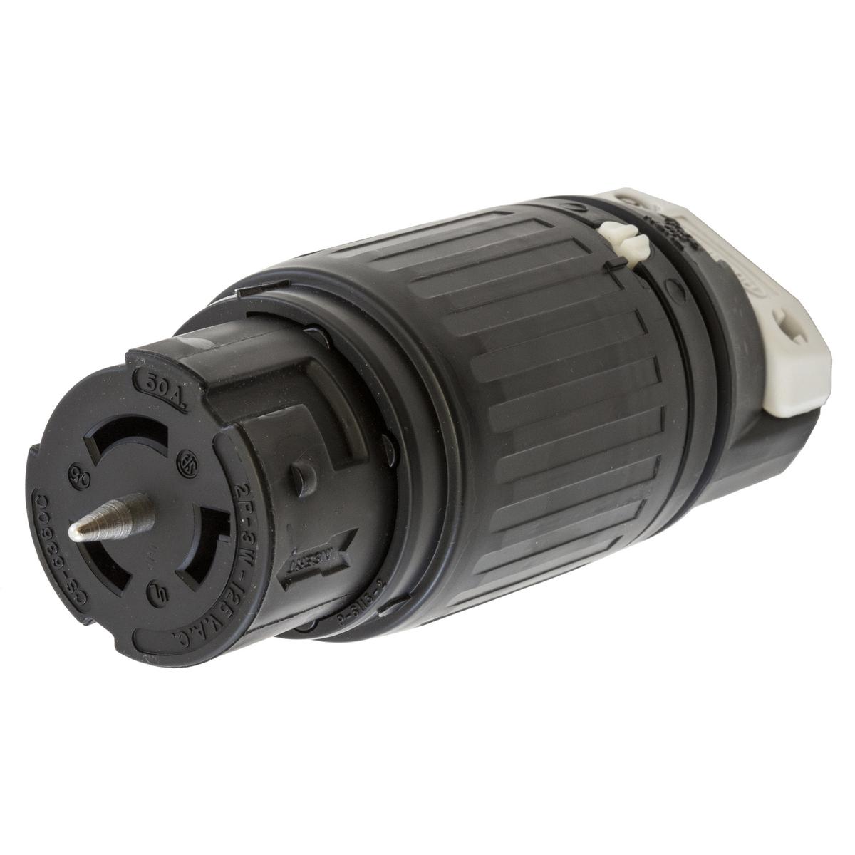 Hubbell Wiring Device-Kellems CS6360C 1-Phase Heavy Duty Isolated Grounding Standard Sized Cord Mount Female Connector, 125 V AC, 50 A, 2 Poles, 3 Wires, Black/White