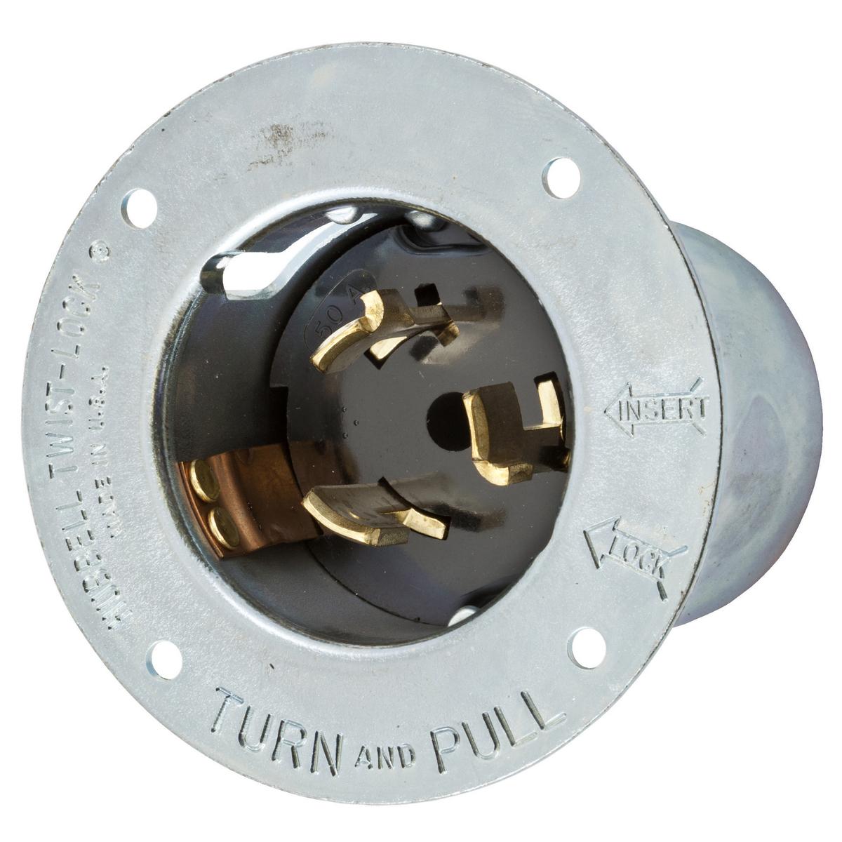 Hubbell Wiring Device-Kellems CS6375 CS Series 1-Phase Extra Heavy Duty Grounding Screw Mount Flanged Inlet, 125/250 V AC, 50 A, 3 Poles, 4 Wires, Metallic