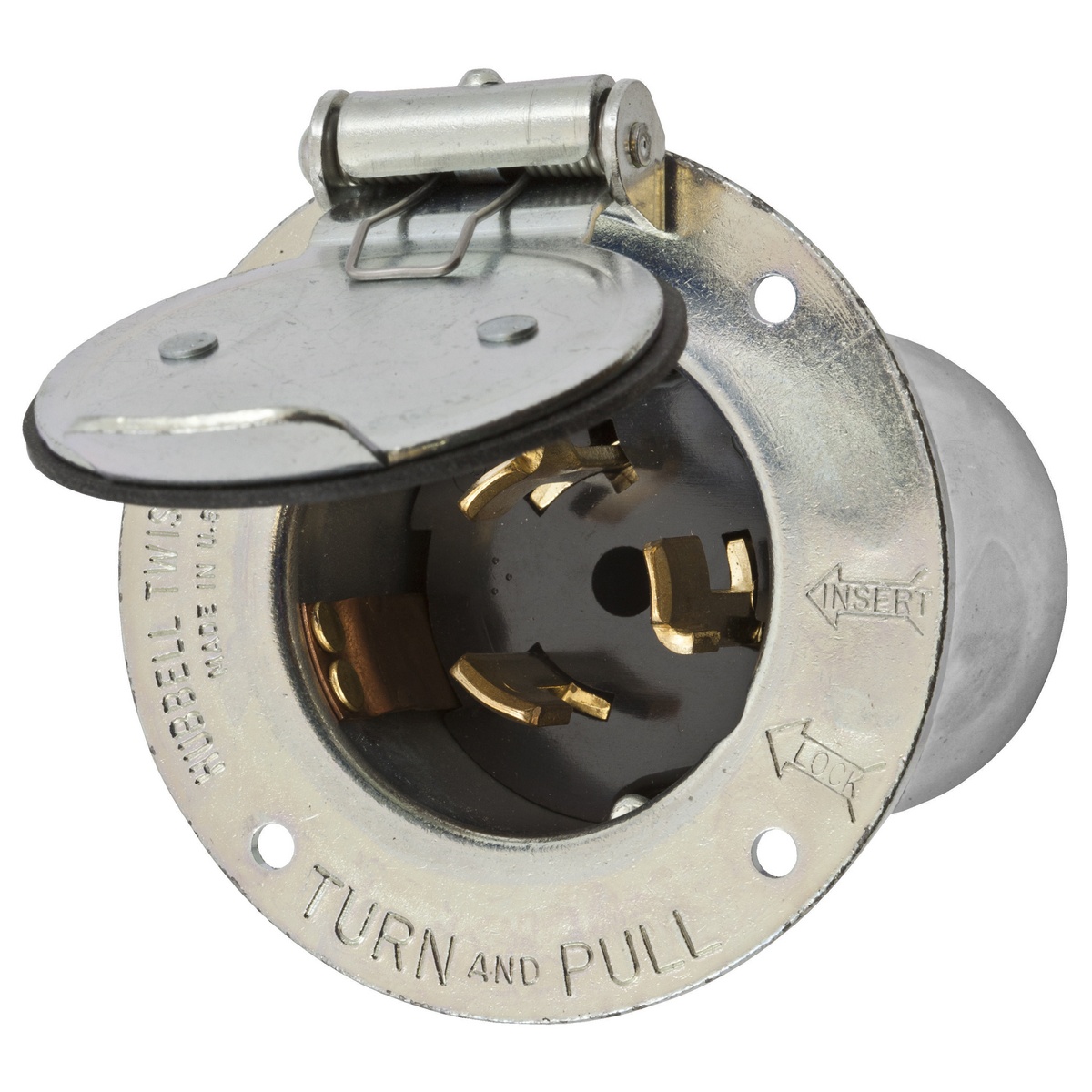 Hubbell Wiring Device-Kellems Twist-Lock® CS6375M2 1-Phase Extra Heavy Duty Grounding Standard Non-NEMA Screw Mount Flanged Inlet With Lift Cover, 125/250 V, 50 A, 3 Poles, 4 Wires, Metallic
