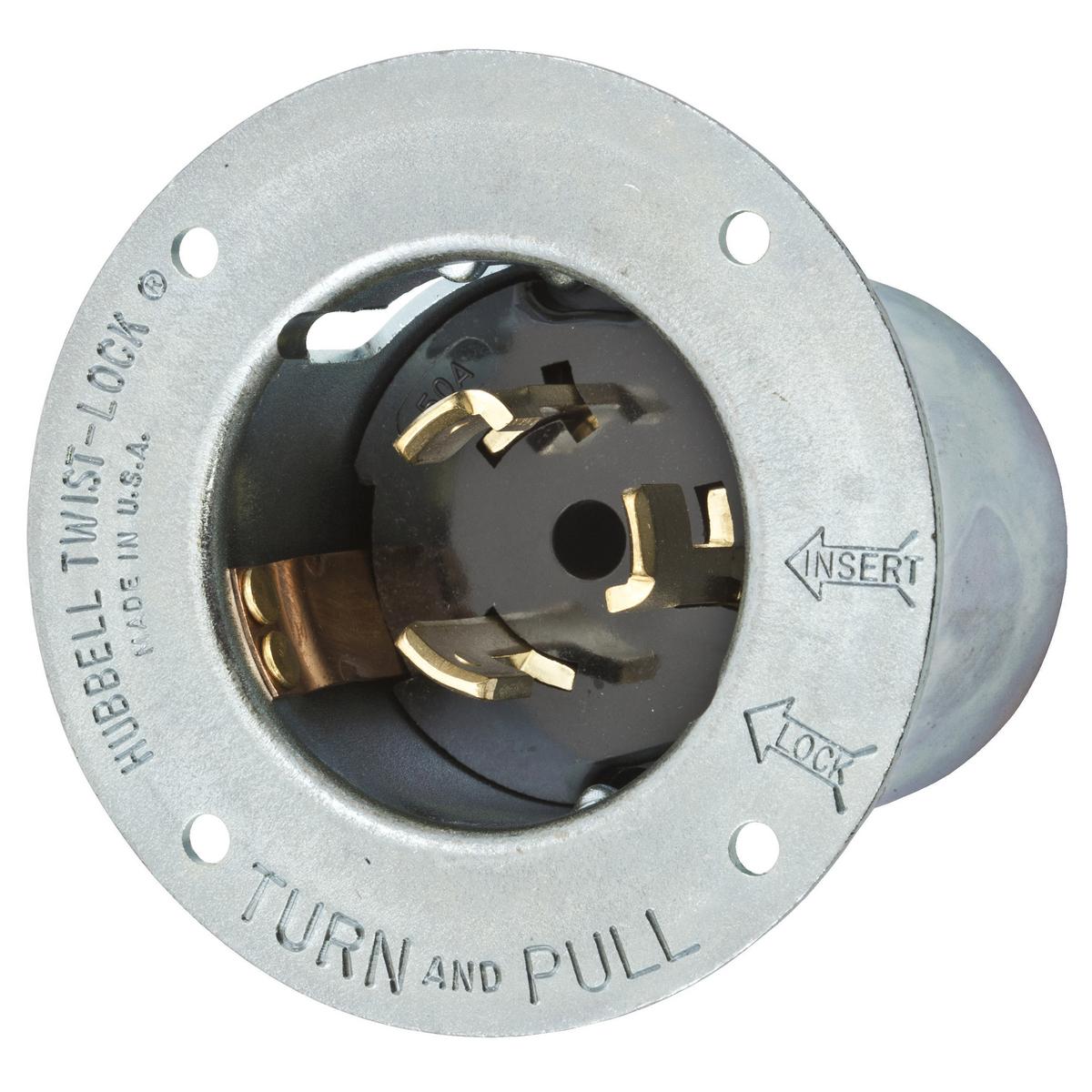 Hubbell Wiring Device-Kellems CS8375 3-Phase Extra Heavy Duty Grounding Male Single Standard Screw Mount Locking Flanged Inlet, 250 V AC, 50 A, 3 Poles, 4 Wires, Metallic