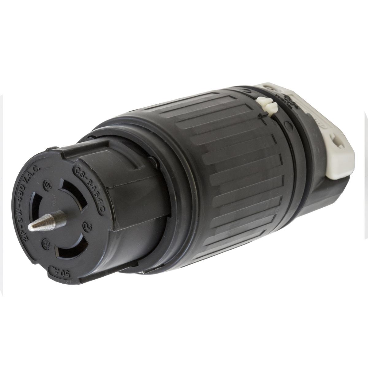 Hubbell Wiring Device-Kellems CS8464C CS Series Grounding Heavy Duty Cord Mount Locking Connector, 480 V AC, 50 A, 2 Poles, 3 Wires, Black/White