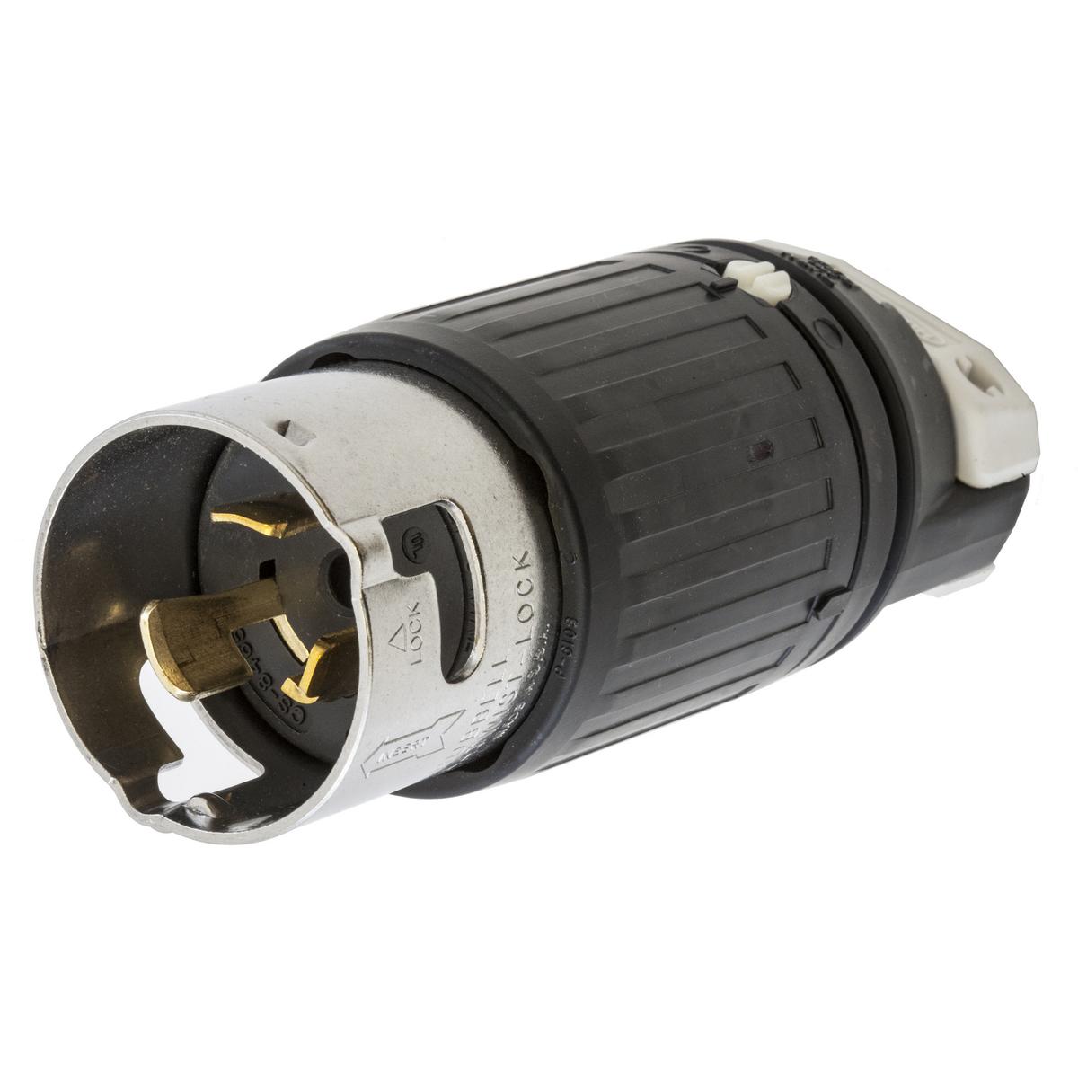 Hubbell Wiring Device-Kellems CS8465C CS Series 1-Phase Grounding Male Standard Cord Mount Locking Plug, 480 V AC, 50 A, 2 Poles, 3 Wires, Black/White