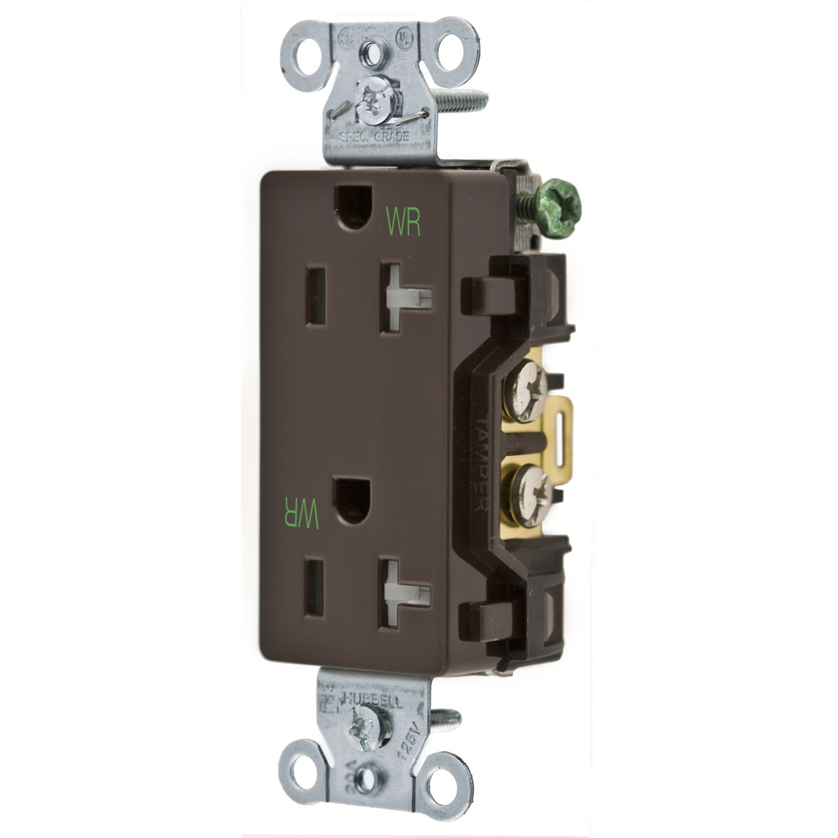 Hubbell Wiring Device-Kellems Style Line® DR20WRTR 1-Phase Decorator Duplex Self-Grounding Standard Tamper/Weather Resistant Screw Mount Straight Blade Receptacle, 125 V AC, 20 A, 2 Poles, 3 Wires, Brown