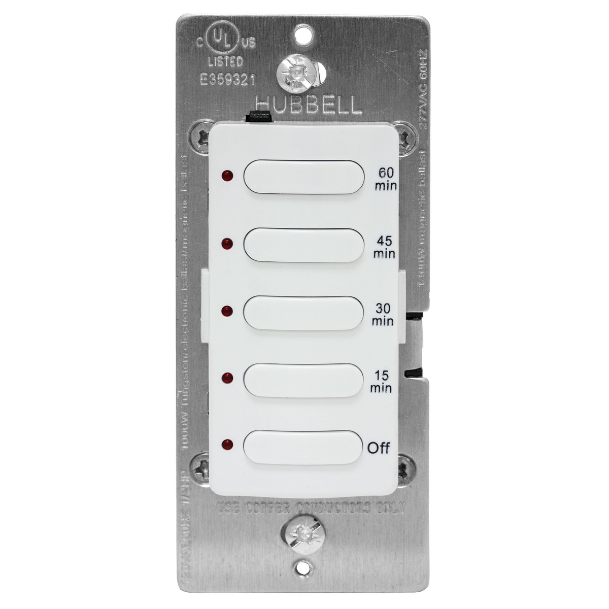 Hubbell Wiring Device-Kellems DT5060W Digital Standard Countdown Timer, OFF, 15, 30, 45, 60 min Setting, 120/277 V AC, 1/6 hp, 1 Poles