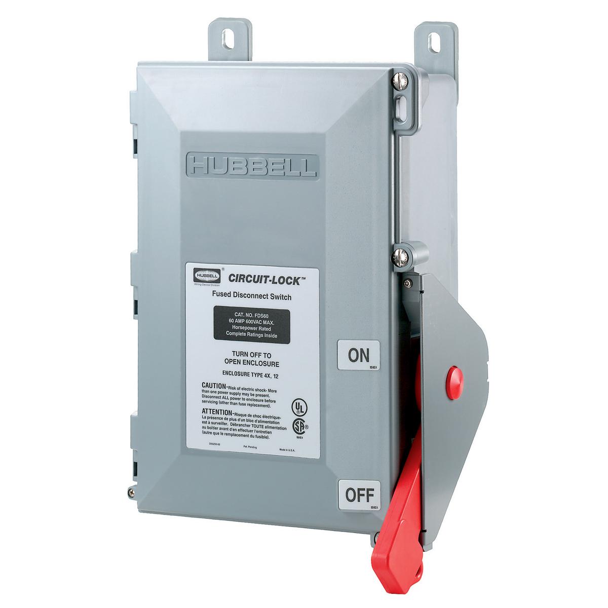 Hubbell Wiring Device-Kellems Circuit-Lock® FDS60 Extra Heavy Duty Fused Non-Metallic Standard Disconnect Switch, 600 V AC, 60 A, 40 hp, 3PST Contact, 3 Poles