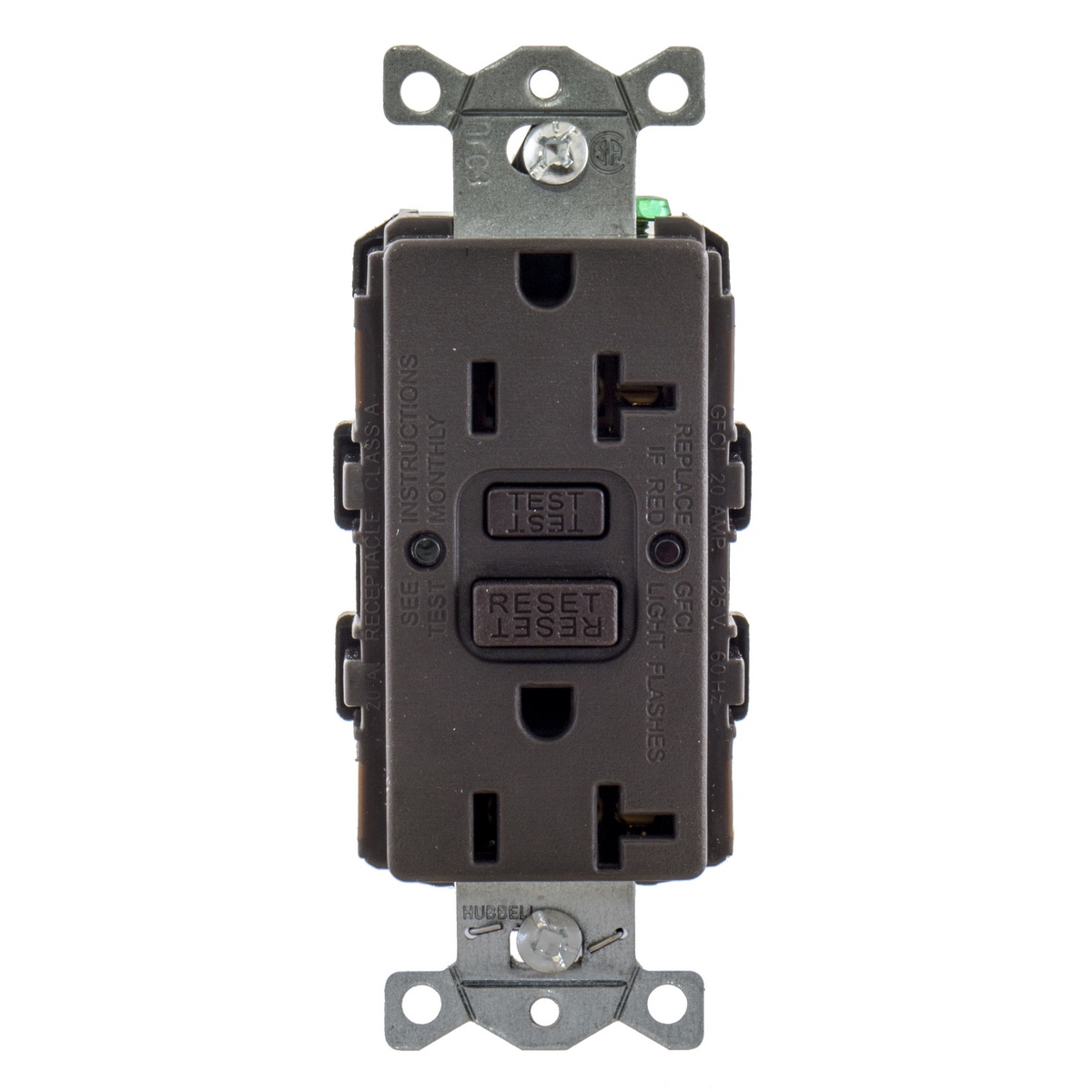 Hubbell Wiring Device-Kellems AUTOGUARD® Style Line® GFRST20U 1-Phase Decorator Duplex Grounding Heavy Duty Insulated Self-Test Straight Blade Standard Screw Mount GFCI Receptacle, 125 V AC, 20 A, 2 Poles, 3 Wires, Brown