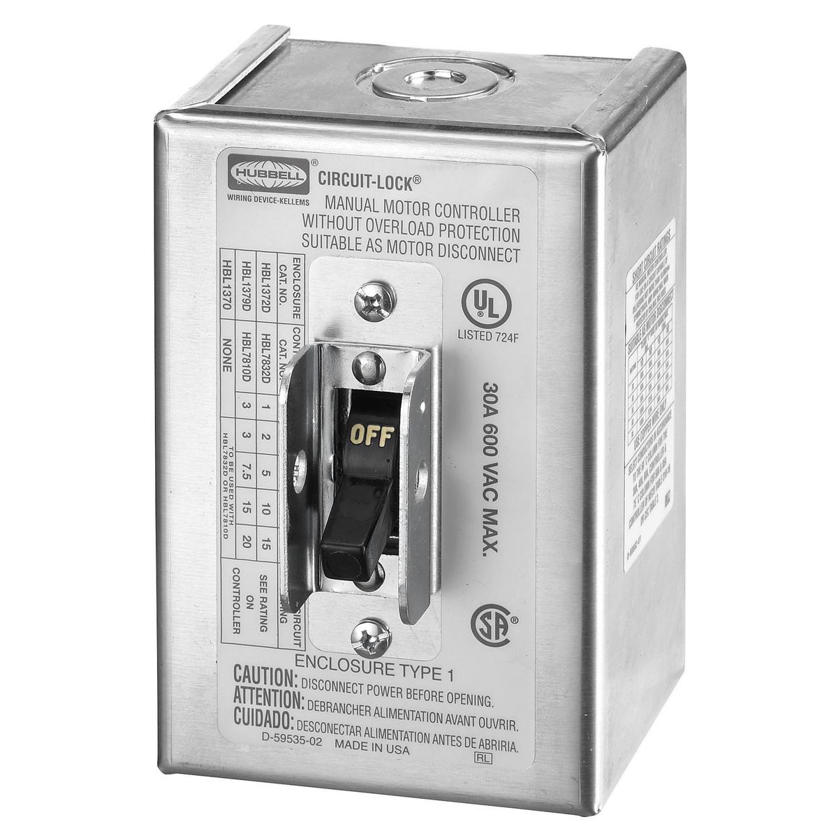 Hubbell Wiring Device-Kellems HBL1372 HBL Switched Disconnects and Enclosures, 600 V AC, 30 A, 2, 5, 10, 15 HP, 2 Poles