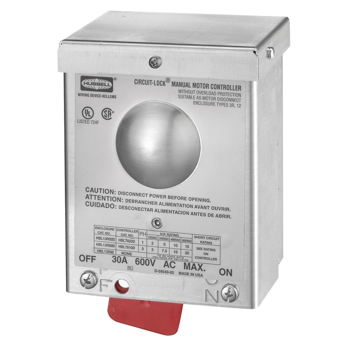 Hubbell Wiring Device-Kellems HBL13R89 HBL Switched Disconnects and Enclosures, 600 V AC, 30 A, 20 hp, 3 Poles
