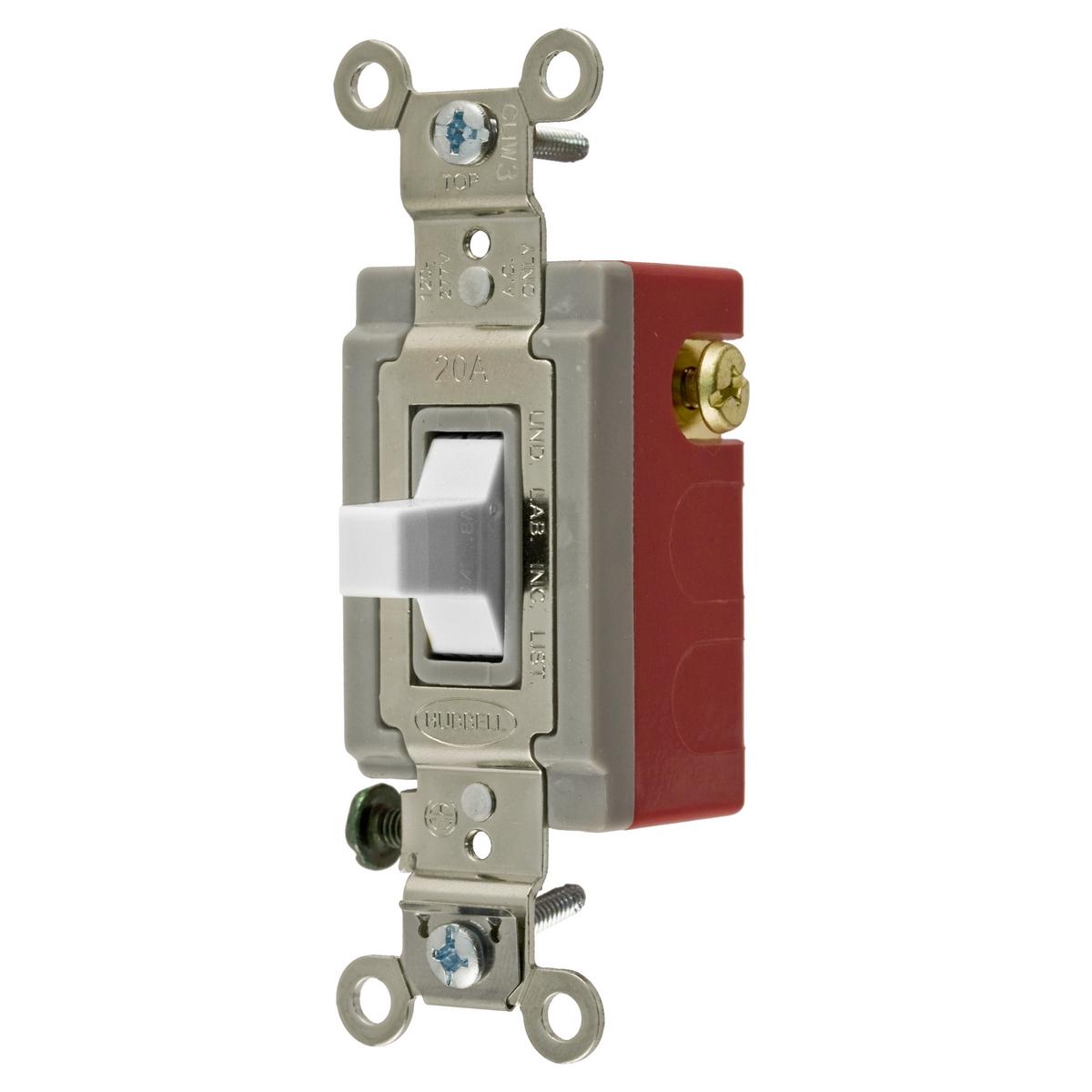 Hubbell Wiring Device-Kellems HBL® HBL1557W HBL® Double Throw Extra Heavy Duty General Purpose Standard Toggle Switch, 120 to 277 V AC, 20 A, 5540 W Power Rating, SPDT/3-Position Contact