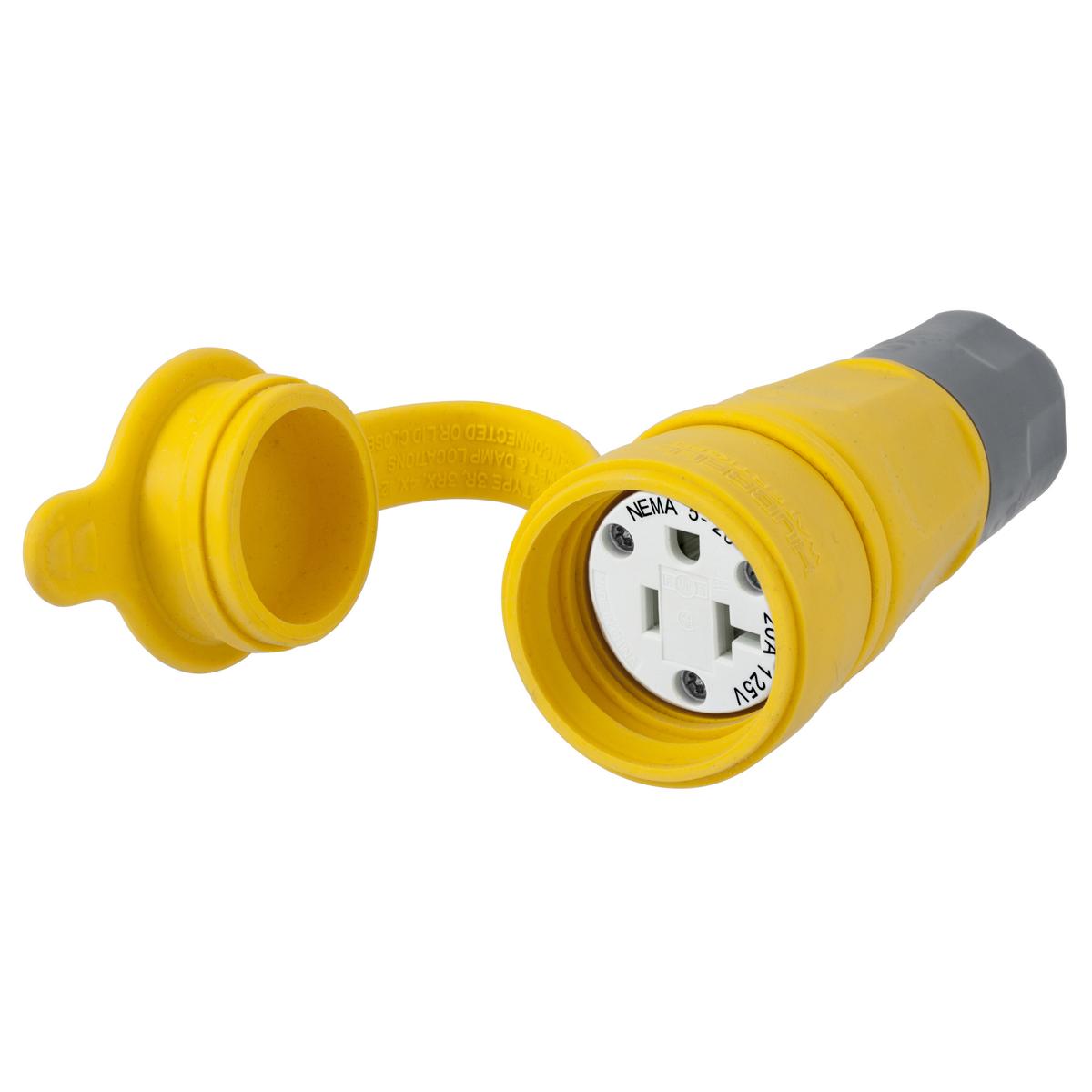 Hubbell Wiring Device-Kellems HBL15W33A Female Standard Sized Watertight Cord Mount Straight Blade Connector, 125 V AC, 20 A, 2 Poles, 3 Wires, Yellow