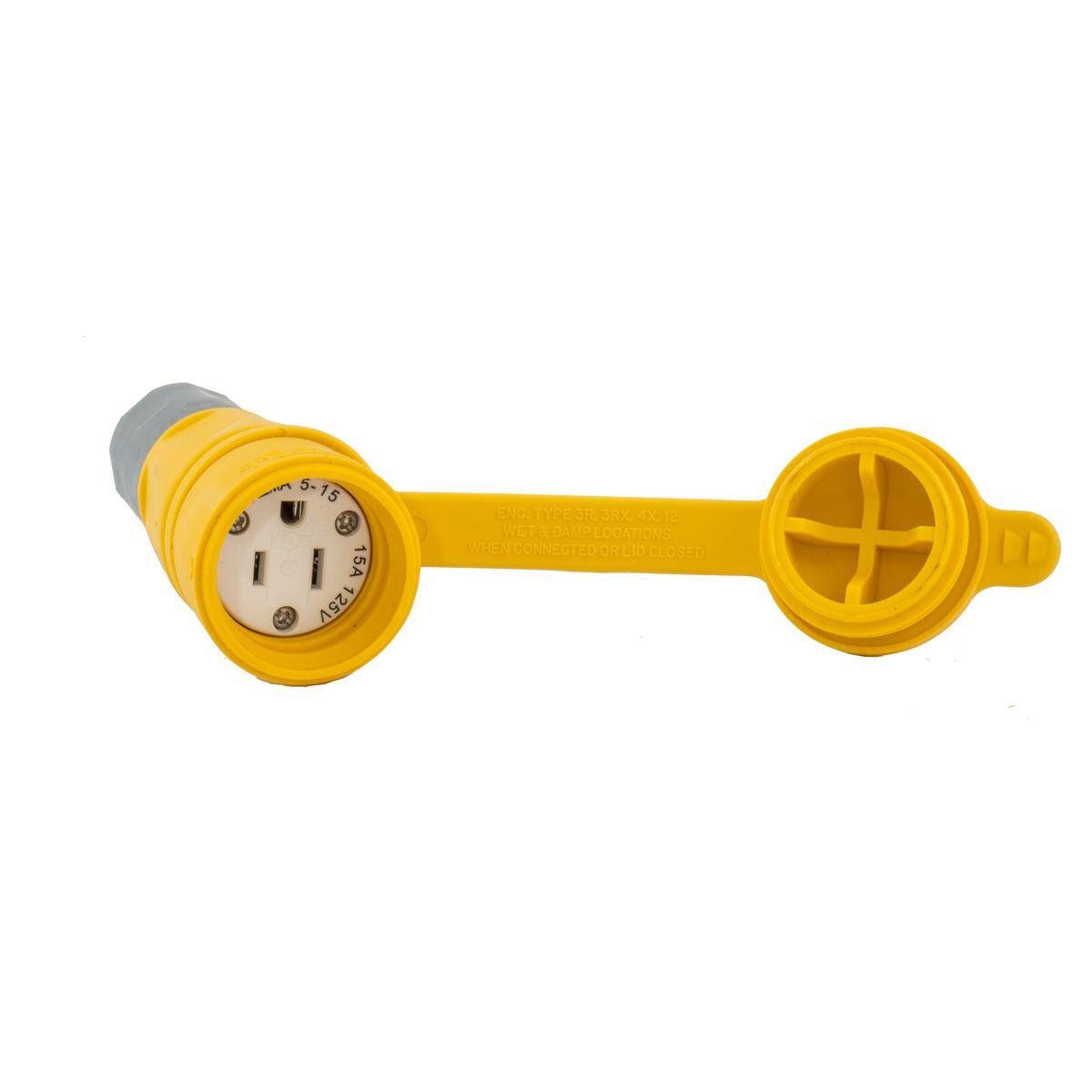 Hubbell Wiring Device-Kellems HBL15W47A Female Grounding Insulated Watertight Cord Mount Straight Blade Connector, 125 V AC, 15 A, 2 Poles, 3 Wires, Yellow