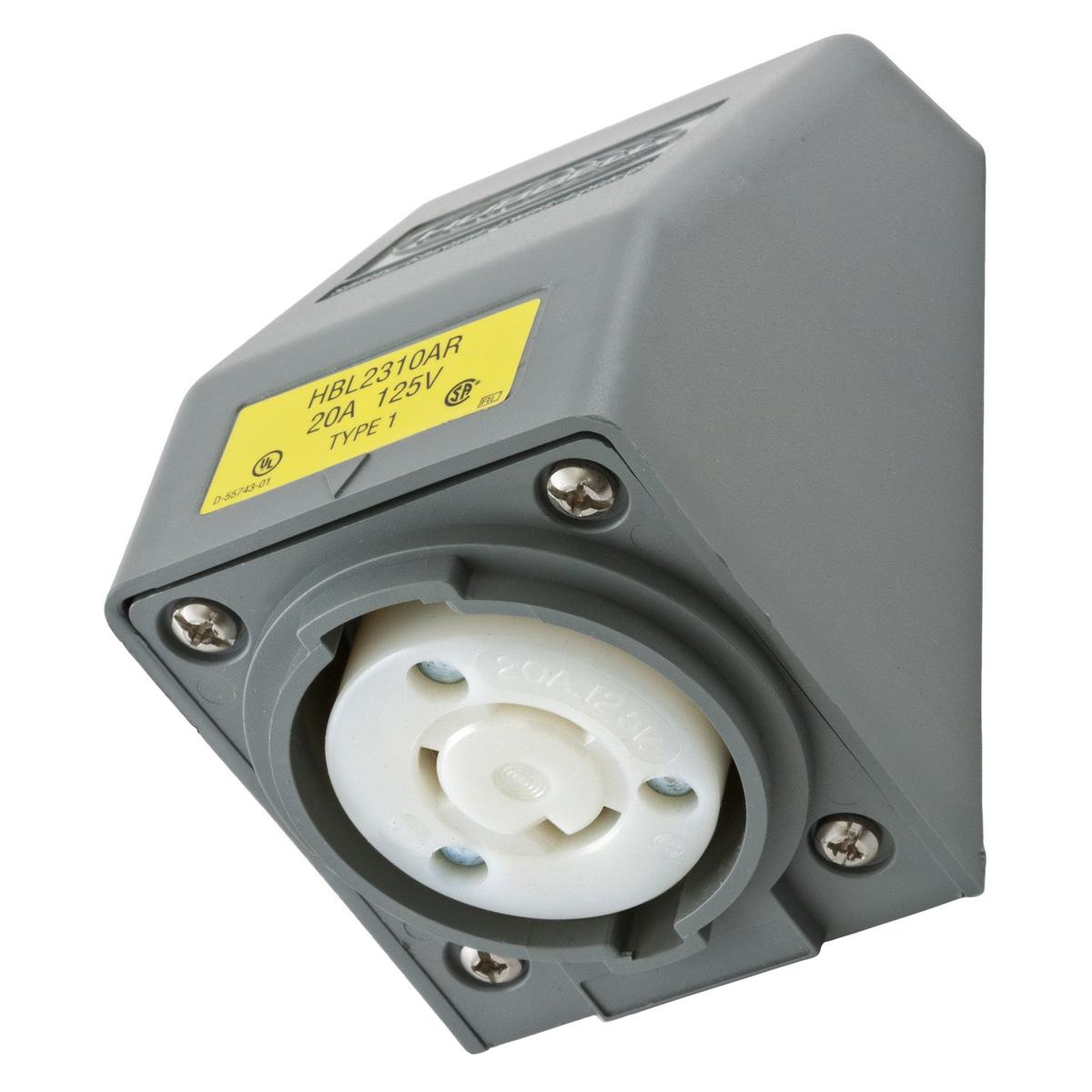 Hubbell Wiring Device-Kellems HBL2310AR 1-Phase 1-Gang Angled Grounding Single Standard Screw Mount Locking Receptacle, 125 V AC, 20 A, 2 Poles, 3 Wires, Gray/White