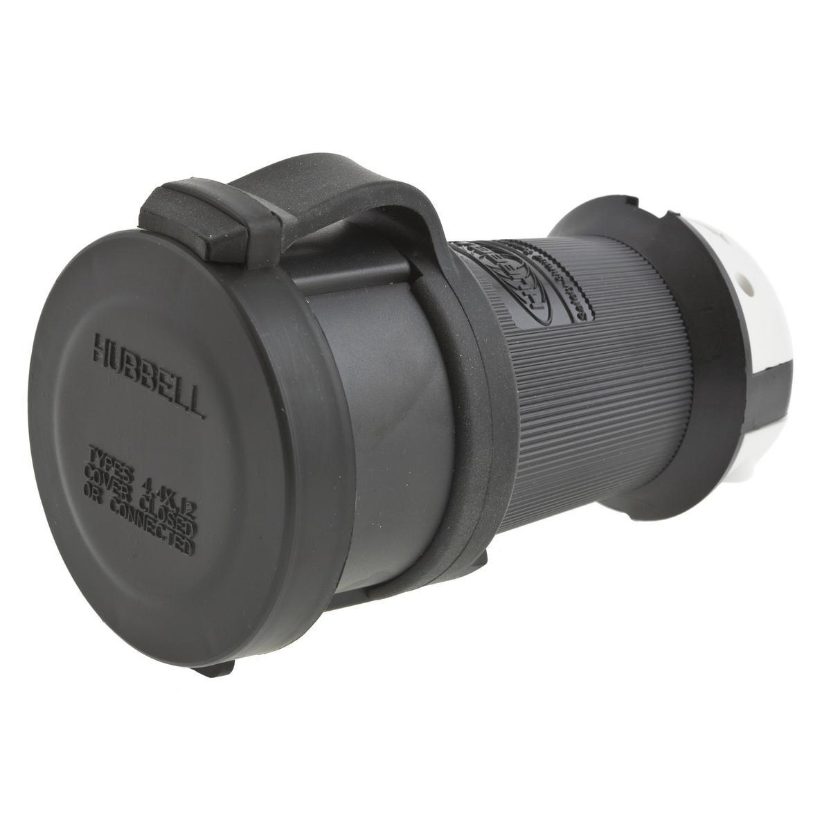 Hubbell Wiring Device-Kellems HBL2423SW 3-Phase Isolated Grounding Heavy Duty Shrouded Standard Sized Watertight Cord Mount Female Connector, 250 Delta V AC, 20 A, 3 Poles, 4 Wires, Black/White