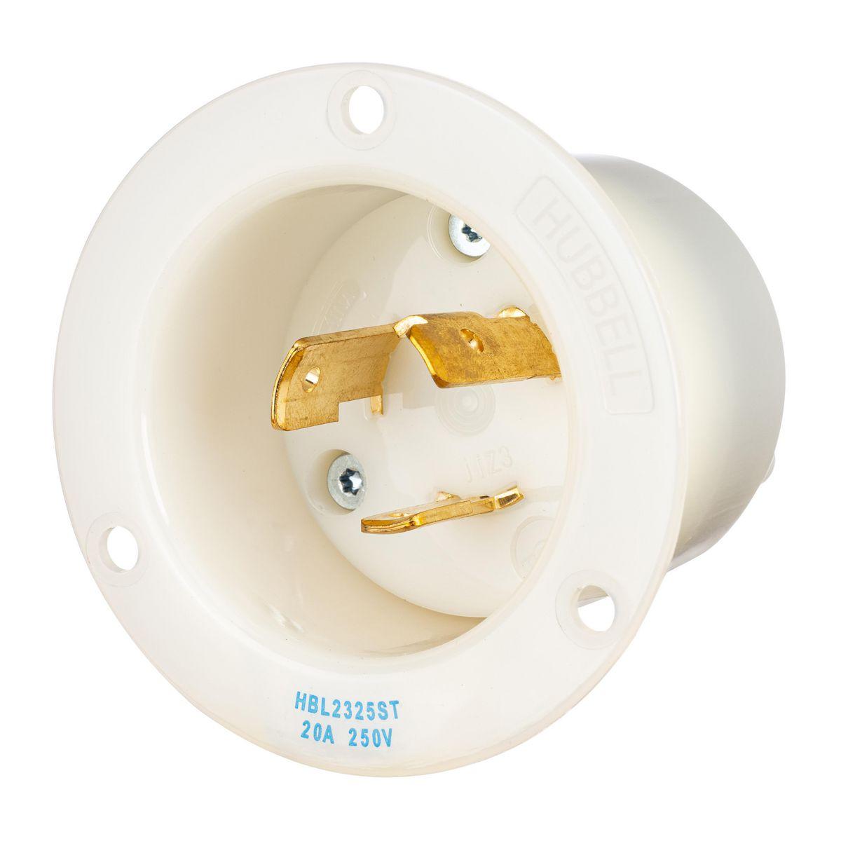 Hubbell Wiring Device-Kellems HBL2325ST Twist-Lock 2-Pole 3-Wire Grounding Flanged Inlet, 250 V AC, 20 A, 2 Poles, 3 Wires, White
