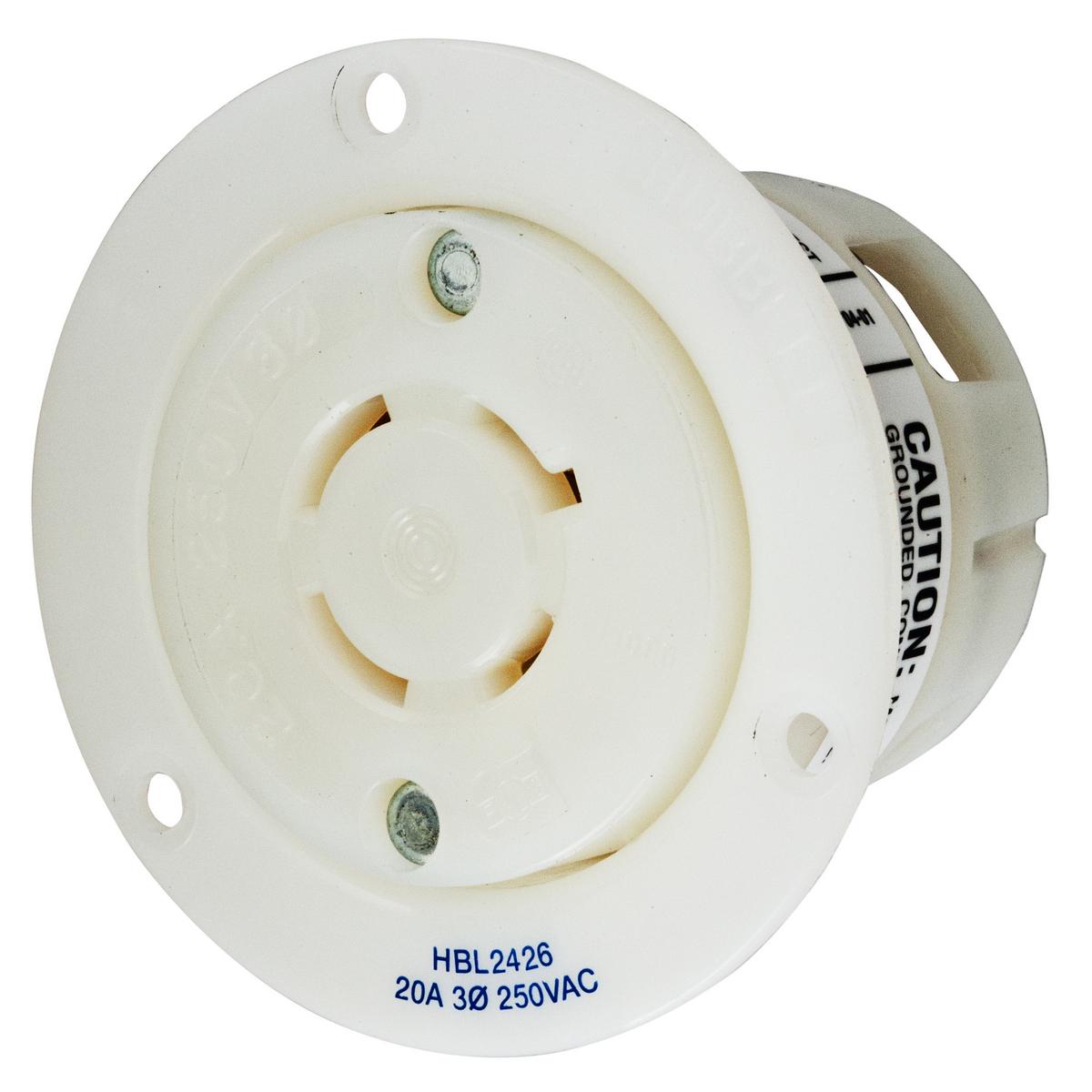 Hubbell Wiring Device-Kellems Twist-Lock® Insulgrip® HBL2426 HBL® 3-Phase Flanged Grounding Single Screw Mount Locking Receptacle, 250 V AC, 20 A, 3 Poles, 4 Wires, White