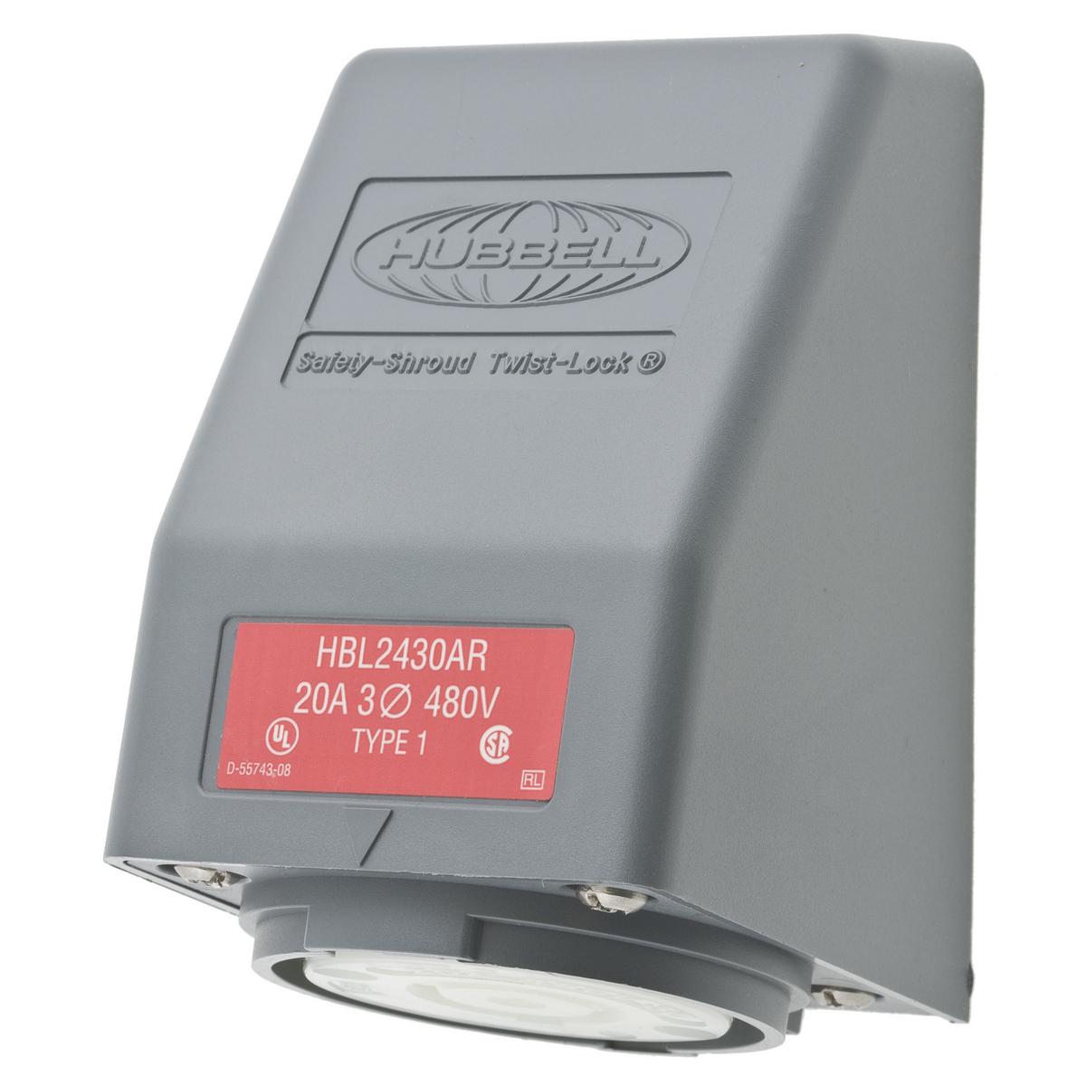 Hubbell Wiring Device-Kellems HBL2430AR HBL® 3-Phase Heavy Duty Single Screw Mount Locking Receptacle, 480 V AC, 20 A, 3 Poles, 4 Wires, Gray/White