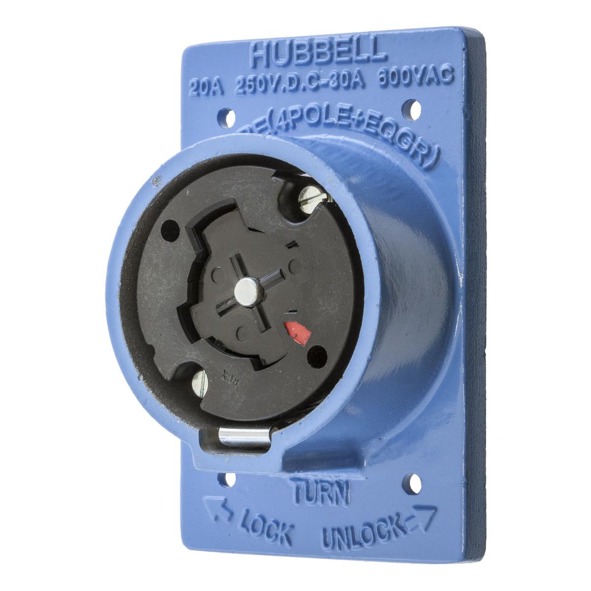 Hubbell Wiring Device-Kellems HBL25403 Multi-Phase Heavy Duty Grounding Standard Single Screw Mount Locking Receptacle, 600 V AC/250 V DC, 20/30 A, 4 Poles, 5 Wires, Blue