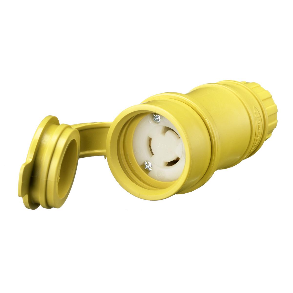 Hubbell Wiring Device-Kellems HBL25W47 HBL® Grounding Heavy Duty Cord Mount Watertight Locking Connector, 125 V AC, 15 A, 2 Poles, 2 Wires, Yellow