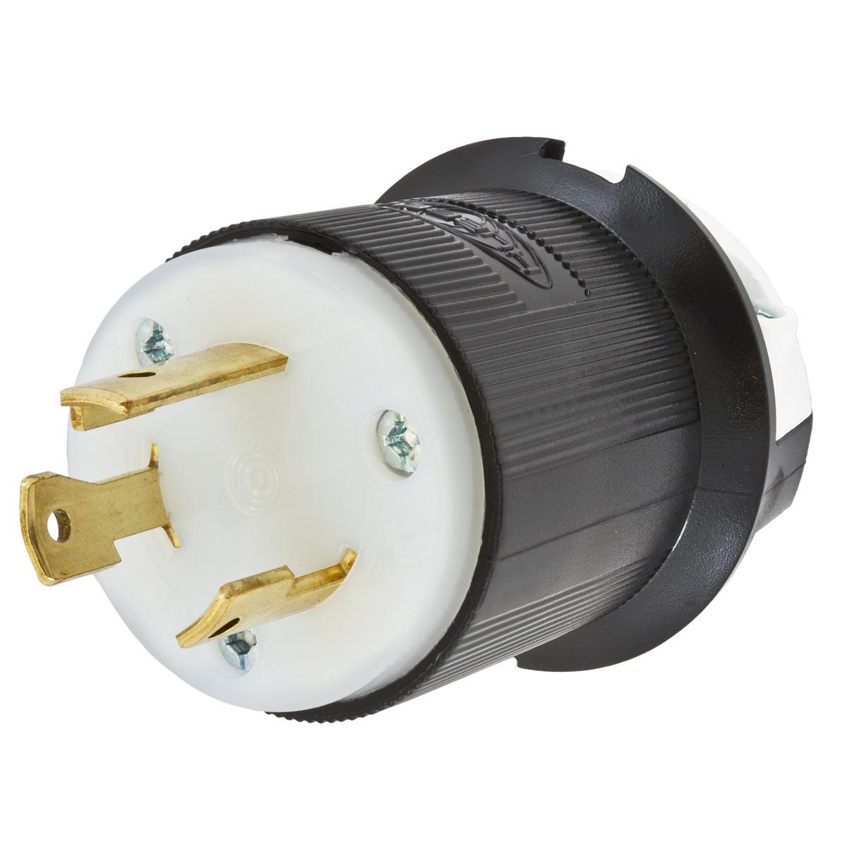 Hubbell Wiring Device-Kellems HBL2611 HBL® 1-Phase Grounding Cord Mount Locking Plug, 125 V AC, 30 A, 2 Poles, 3 Wires, Black/White
