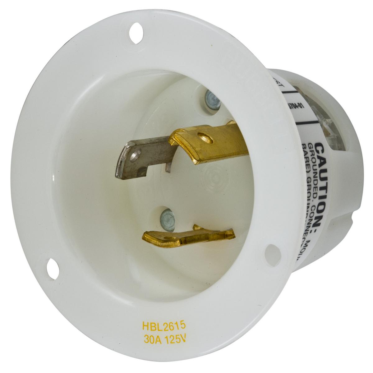 Hubbell Wiring Device-Kellems HBL2615 HBL® 1-Phase Extra Heavy Duty Grounding Screw Mount Locking Flanged Inlet, 125 V AC, 30 A, 2 Poles, 3 Wires, White