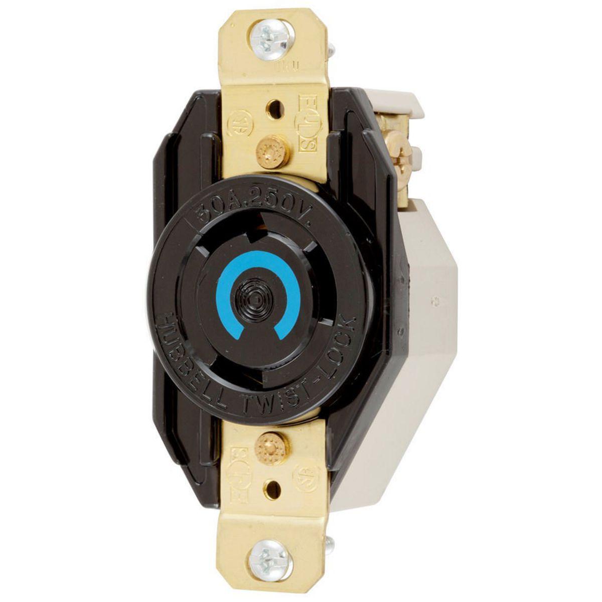 Hubbell Wiring Device-Kellems HBL2620 HBL® 1-Phase Grounding Heavy Duty Single Screw Mount Locking Receptacle, 250 V AC, 30 A, 2 Poles, 3 Wires, Black