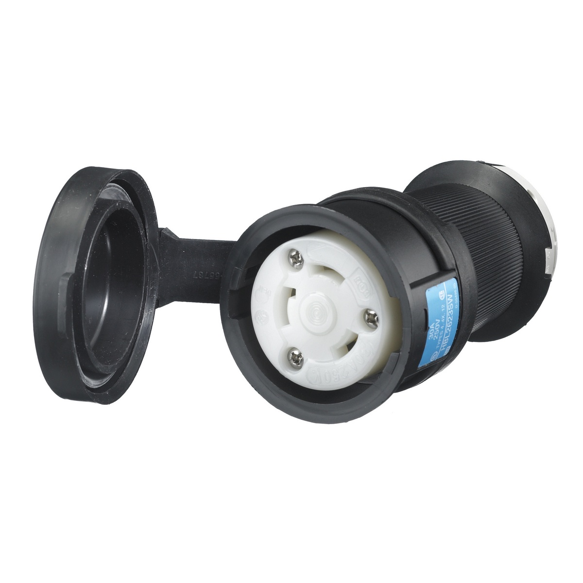 Hubbell Wiring Device-Kellems Twist-Lock® Insulgrip® HBL2623SW Heavy Duty Isolated Grounding Shrouded Standard Sized Watertight Cord Mount Female Connector, 250 V AC, 30 A, 2 Poles, 3 Wires, Black/White