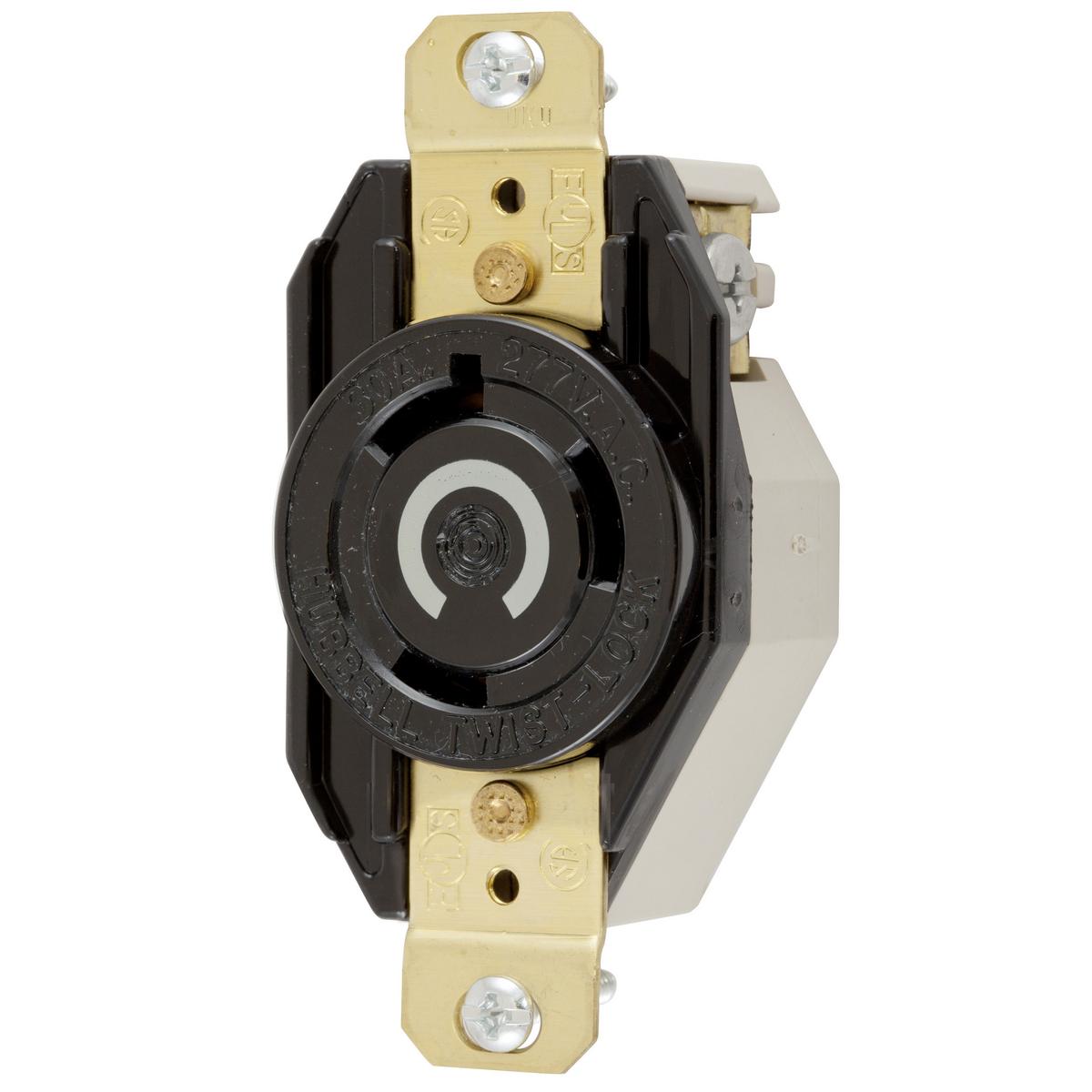 Hubbell Wiring Device-Kellems Twist-Lock® Insulgrip® HBL2630 HBL® 1-Phase Flush Mount Grounding Heavy Duty Single Screw Mount Locking Receptacle, 277 V AC, 30 A, 2 Poles, 3 Wires, Black