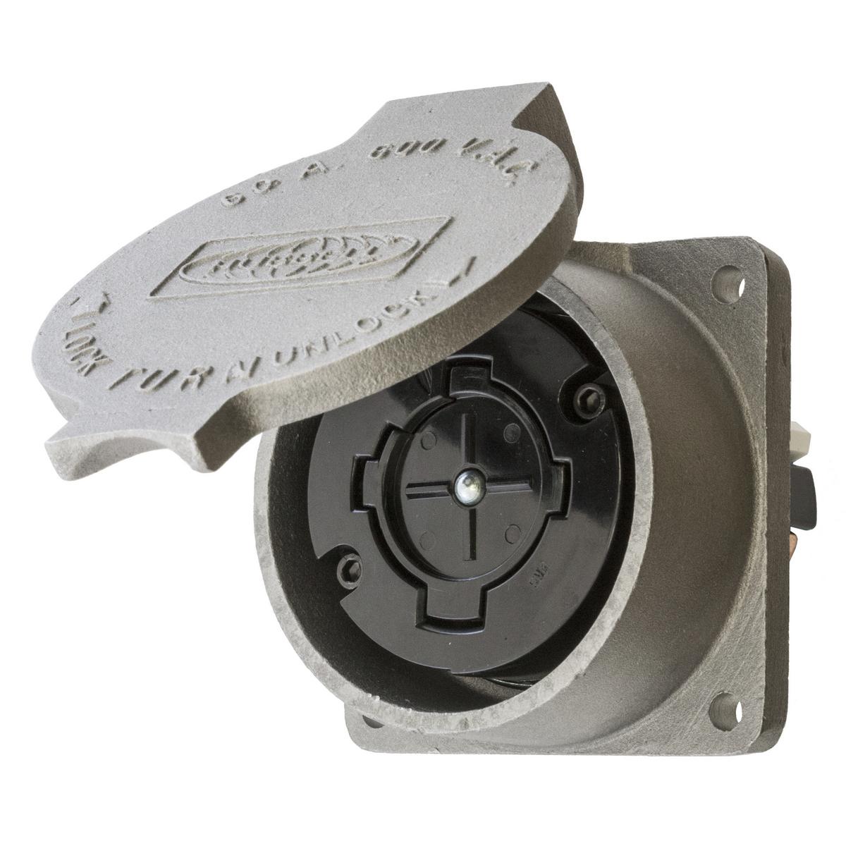 Hubbell Wiring Device-Kellems Hubbellock® HBL26410 HBL® Grounding Heavy Duty Multi-Phase Non-NEMA Single Standard Screw Mount Locking Receptacle, 600 V AC, 60 A, 3 Poles, 4 Wires, Aluminum