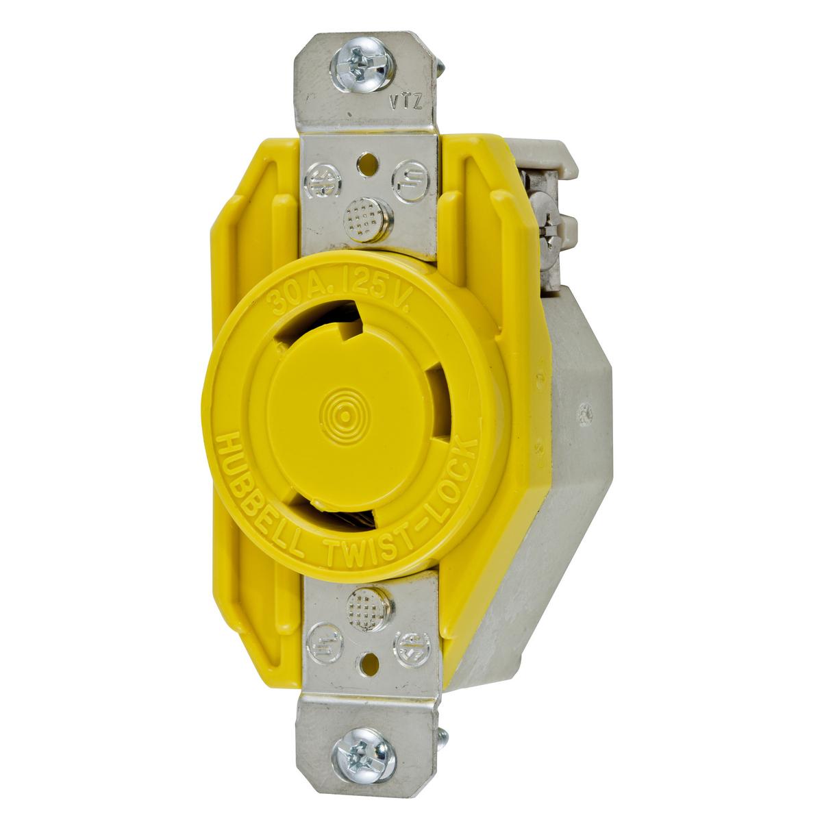 Hubbell Wiring Device-Kellems Twist-Lock® HBL26CM10 1-Phase Corrosion Resistant Grounding Single Standard Screw Mount Locking Receptacle, 125 V AC, 30 A, 2 Poles, 3 Wires, Yellow
