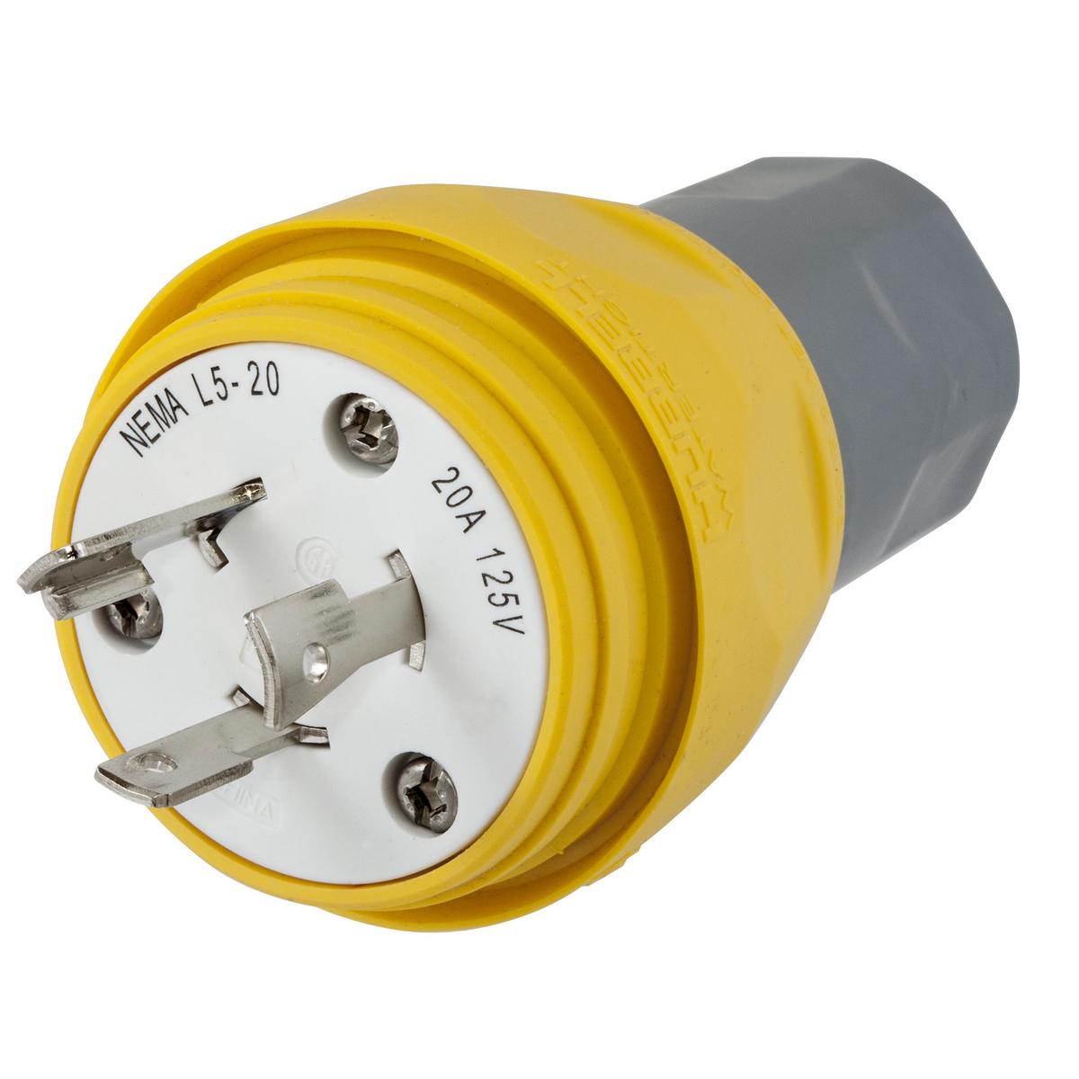 Hubbell Wiring Device-Kellems Twist-Lock® HBL26W47 1-Phase Non-Shrouded Watertight Cord Mount Locking Plug, 125 V AC, 20 A, 2 Poles, 3 Wires, Yellow