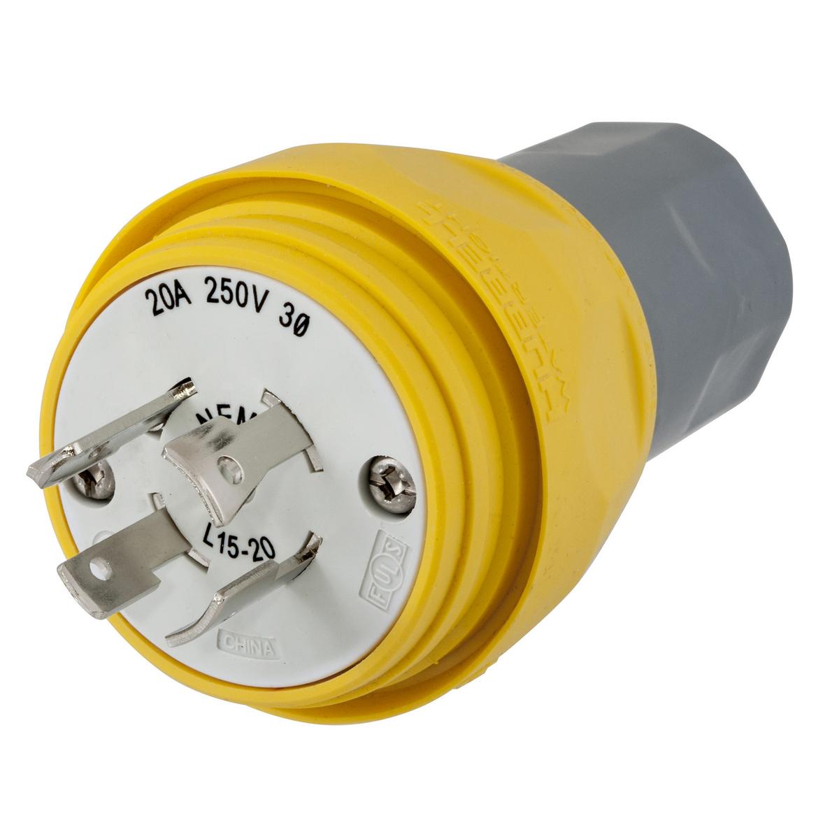 Hubbell Wiring Device-Kellems Twist-Lock® HBL26W75 3-Phase Non-Shrouded Watertight Cord Mount Locking Plug, 250 V AC, 20 A, 3 Poles, 4 Wires, Yellow