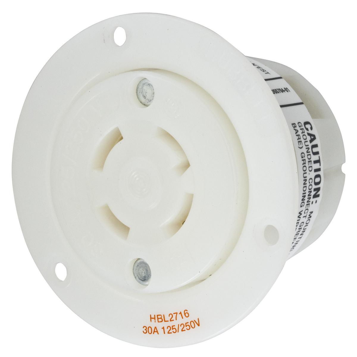 Hubbell Wiring Device-Kellems Twist-Lock® Insulgrip® HBL2716 HBL® 1-Phase Flanged Single Screw Mount Locking Receptacle, 125/250 V AC, 30 A, 3 Poles, 4 Wires, White