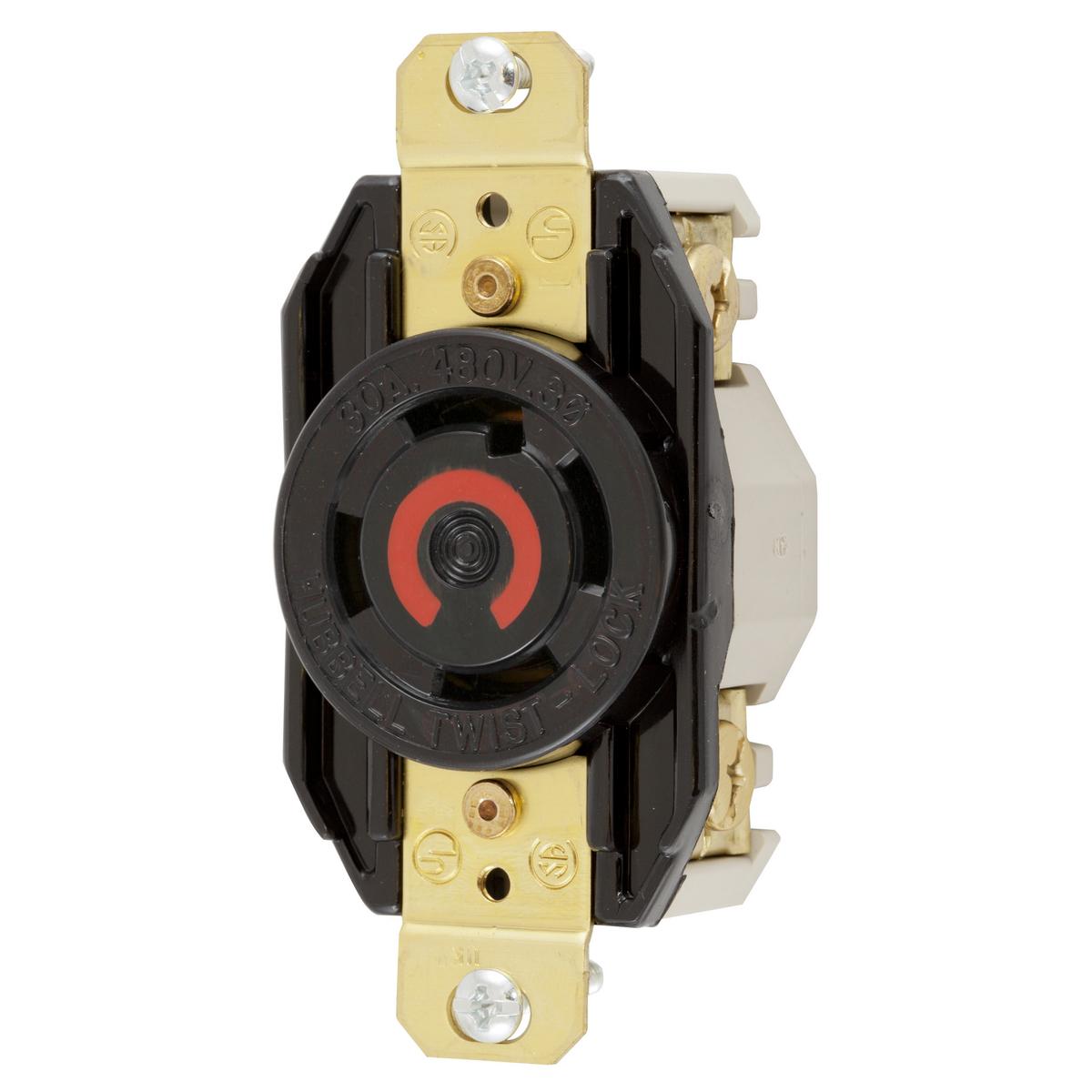 Hubbell Wiring Device-Kellems Twist-Lock® Insulgrip® HBL2730 3-Phase Grounding Standard Screw Mount Locking Receptacle, 480 V AC, 30 A, 3 Poles, 4 Wires, Black
