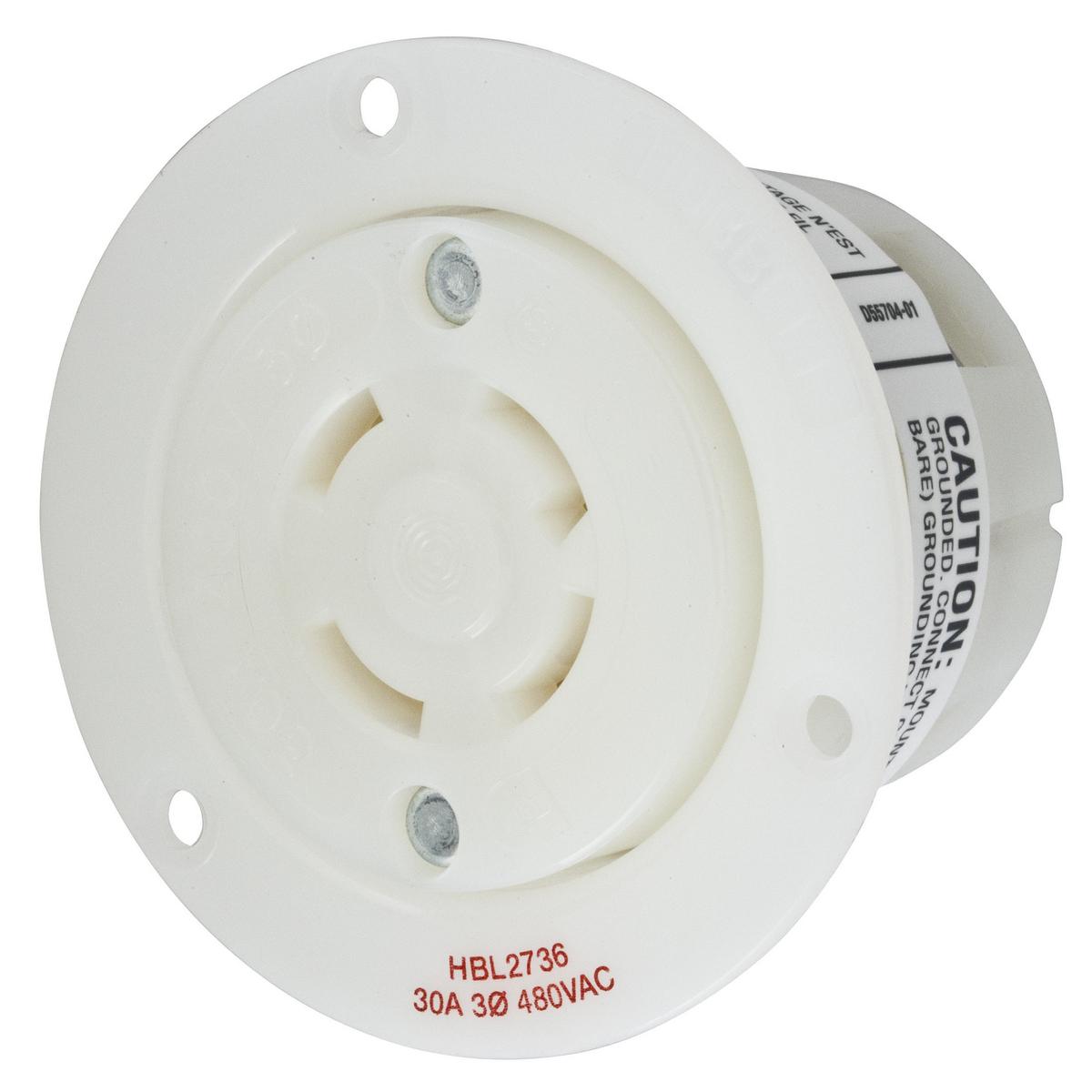 Hubbell Wiring Device-Kellems HBL2736 HBL® 3-Phase Flanged Grounding Single Standard Screw Mount Locking Receptacle, 480 V AC, 30 A, 3 Poles, 4 Wires, White
