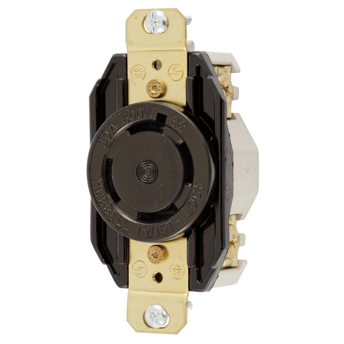 Hubbell Wiring Device-Kellems Twist-Lock® HBL2740 HBL® 3-Phase Grounding Heavy Duty Single Screw Mount Locking Receptacle, 600 V AC, 30 A, 3 Poles, 4 Wires, Black
