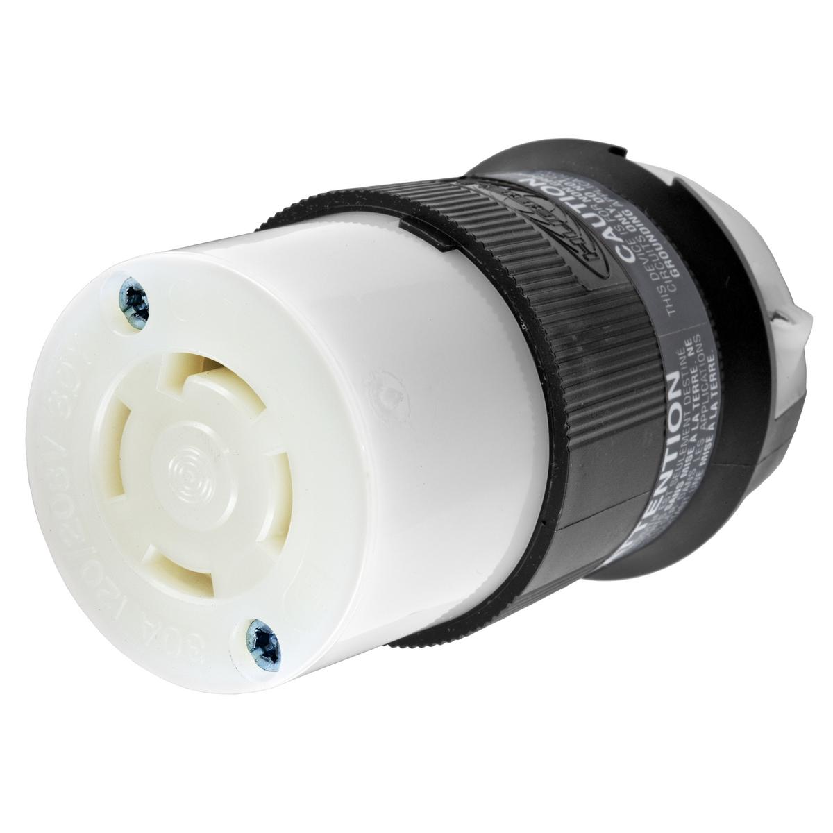 Hubbell Wiring Device-Kellems Twist-Lock® Insulgrip® HBL2753 3-Phase Heavy Duty Isolated Non-Grounding Standard Sized Cord Mount Female Connector, 120Y/208 V AC, 30 A, 4 Poles, 4 Wires, Black/White