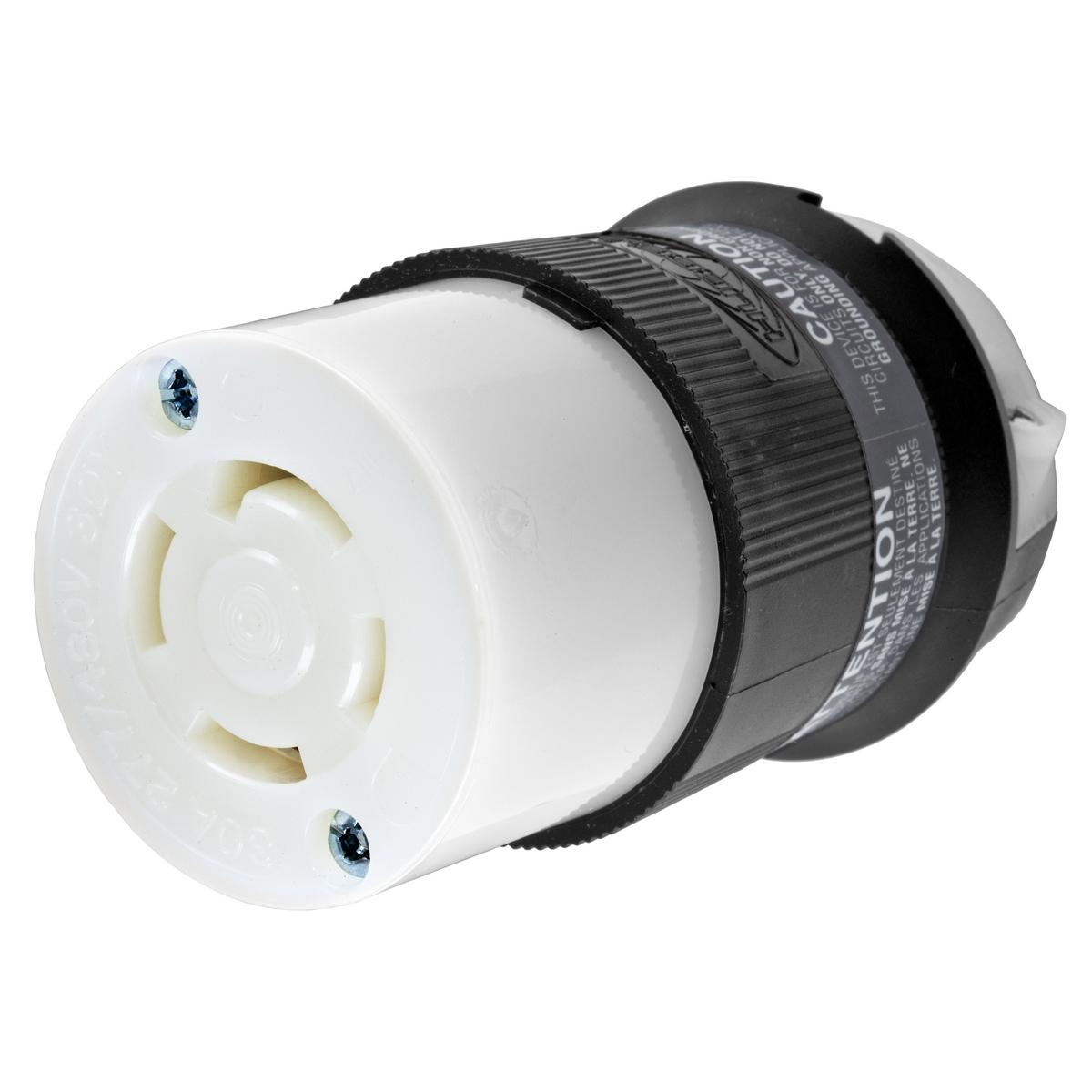 Hubbell Wiring Device-Kellems Twist-Lock® Insulgrip® HBL2763 3-Phase Heavy Duty Isolated Non-Grounding Standard Sized Cord Mount Female Connector, 277Y/480 V AC, 30 A, 4 Poles, 4 Wires, Black/White