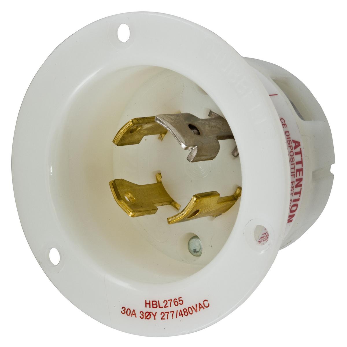 Hubbell Wiring Device-Kellems Insulgrip® Twist-Lock® HBL2765 3-Phase Standard Screw Mount Flanged Inlet, 277/480 V AC, 30 A, 4 Poles, 4 Wires, White