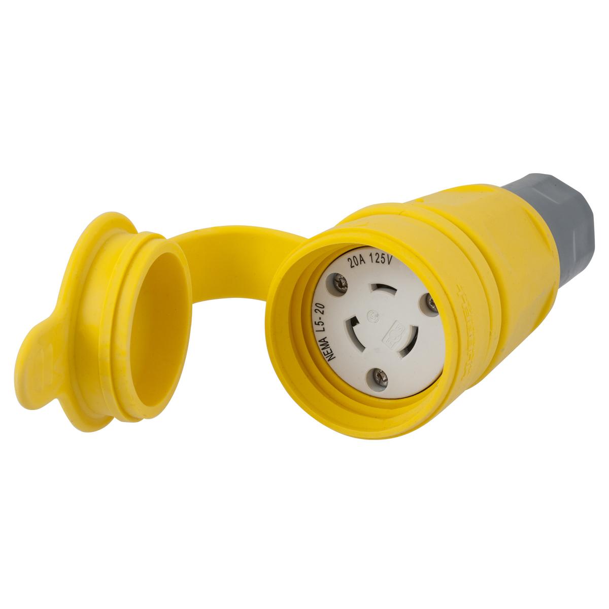 Hubbell Wiring Device-Kellems Twist-Lock® Elastogrip® HBL27W47 Dust/Watertight Grounding Isolated Insulated Standard Cord Mount Female Connector, 125 V AC, 20 A, 2 Poles, 3 Wires, Yellow