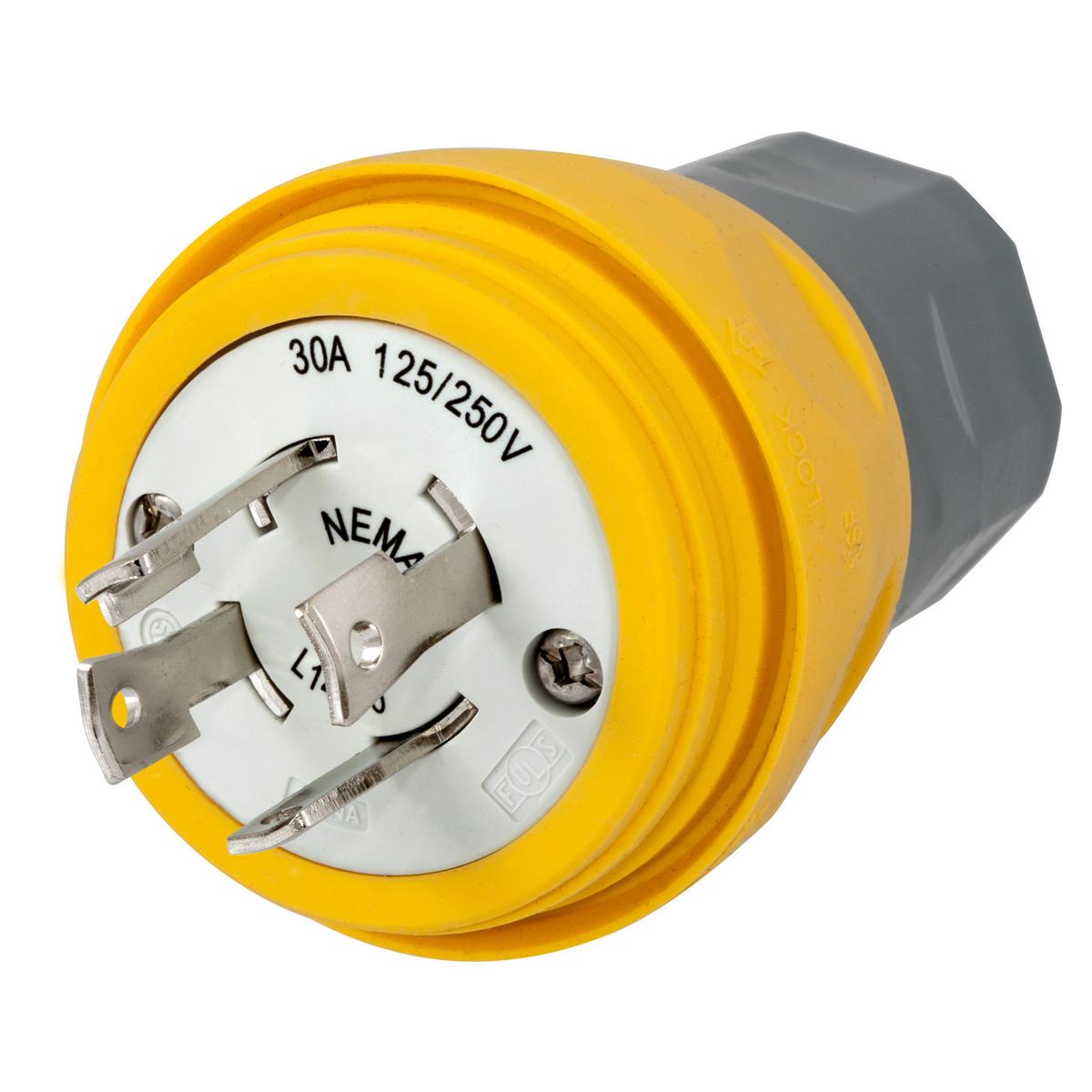 Hubbell Wiring Device-Kellems HBL28W74 1-Phase Grounding Male Standard Cord Mount Watertight Locking Plug, 125/250 V AC, 30 A, 3 Poles, 4 Wires, Yellow
