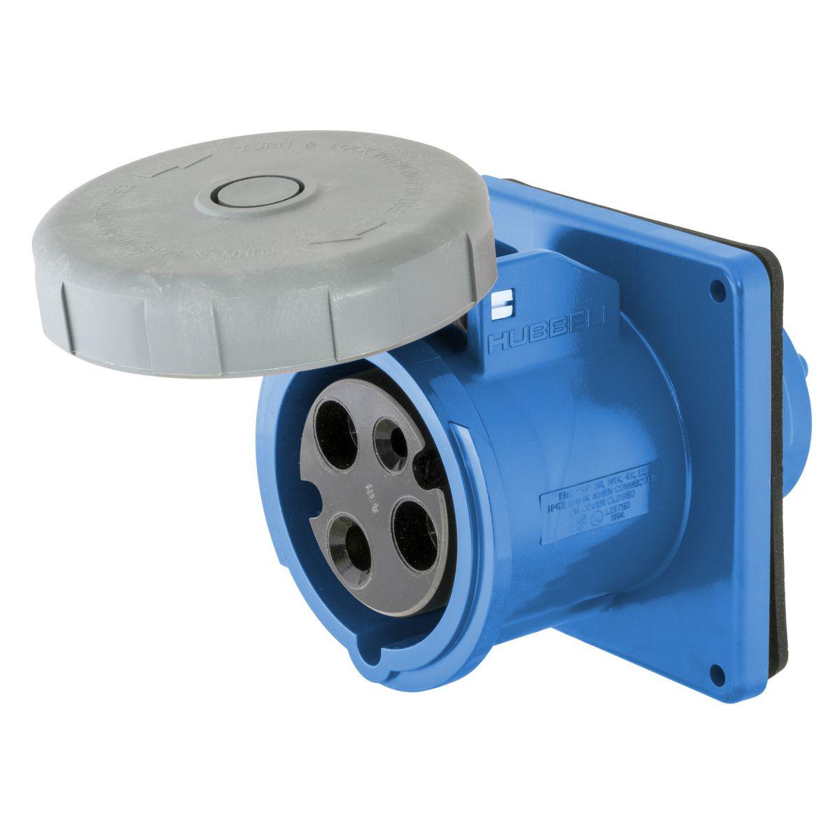 Hubbell Wiring Device-Kellems HBL360R6W 1-Phase Grounding Single Flanged Watertight Screw Mount Pin and Sleeve Receptacle, 250 V AC, 60 A, 2 Poles, 3 Wires, Blue