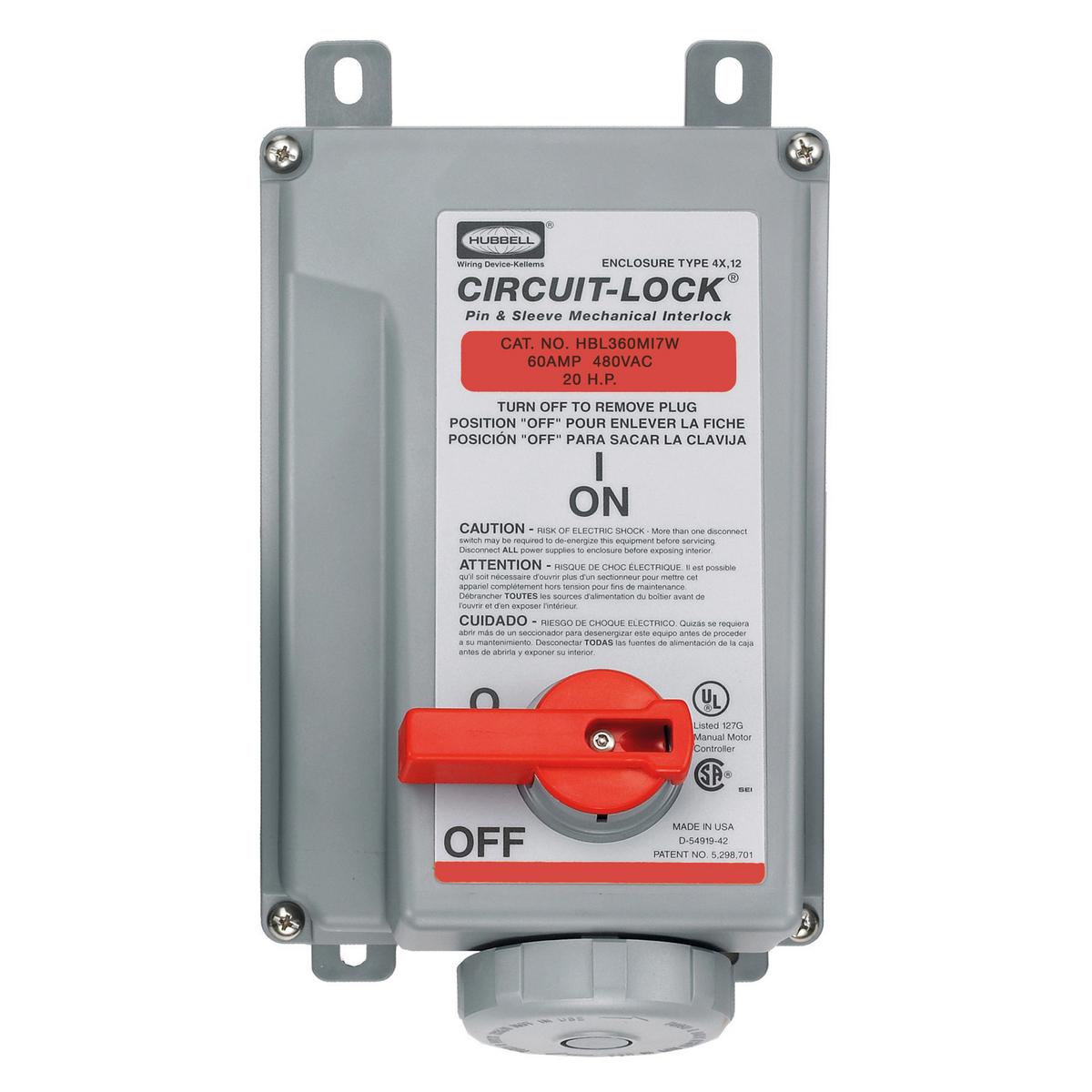 Hubbell Wiring Device-Kellems HBL® Circuit-Lock® HBL360MI7W 1-Phase Female Grounding Industrial Grade Standard Unfused Pressure Screw Terminal Watertight Pin and Sleeve Mechanical Interlock, 480 V AC, 60 A, 2 Poles, 3 Wires